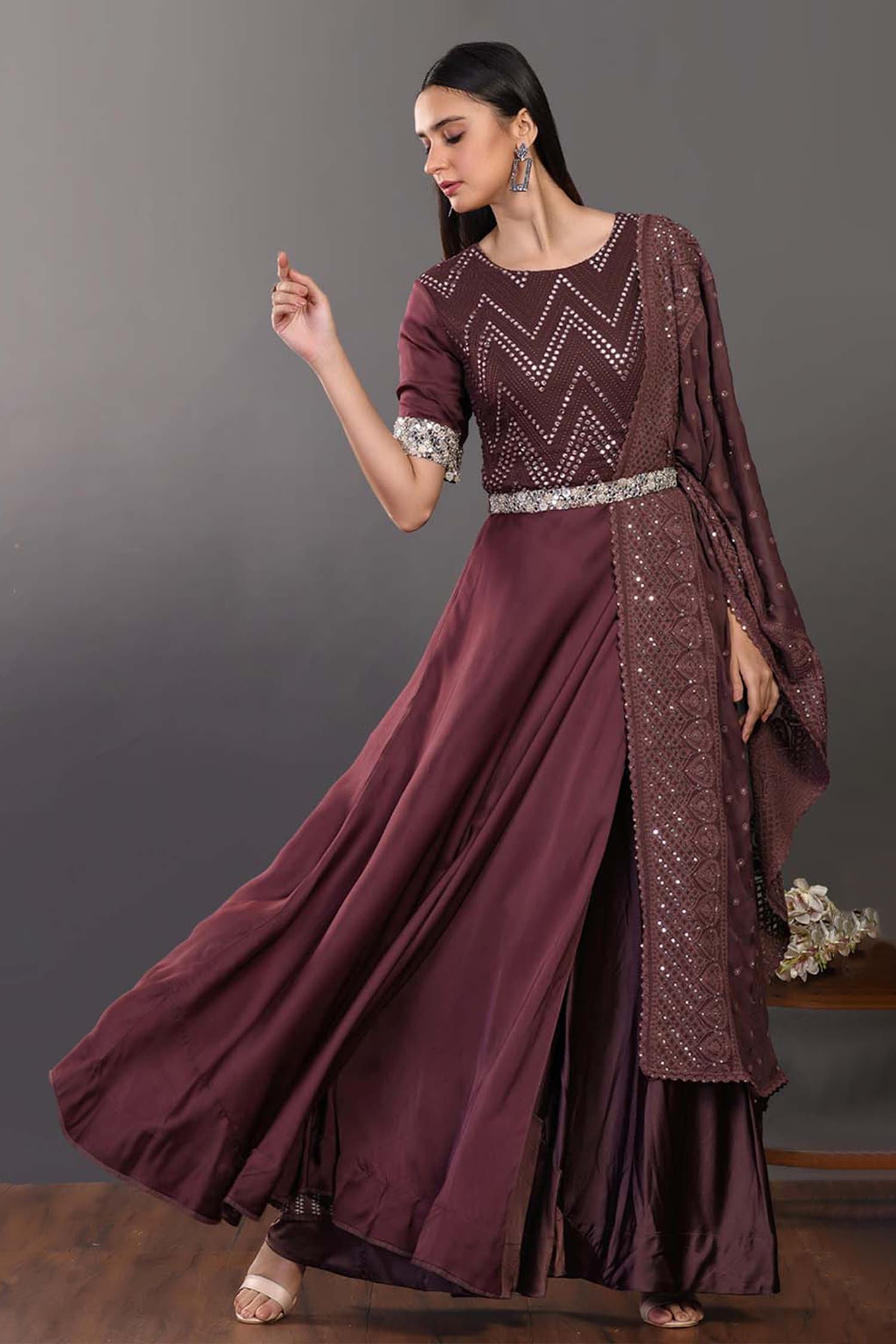 Buy Brown Satin Embroidery Round Anarkali With Dupatta For Women by ...
