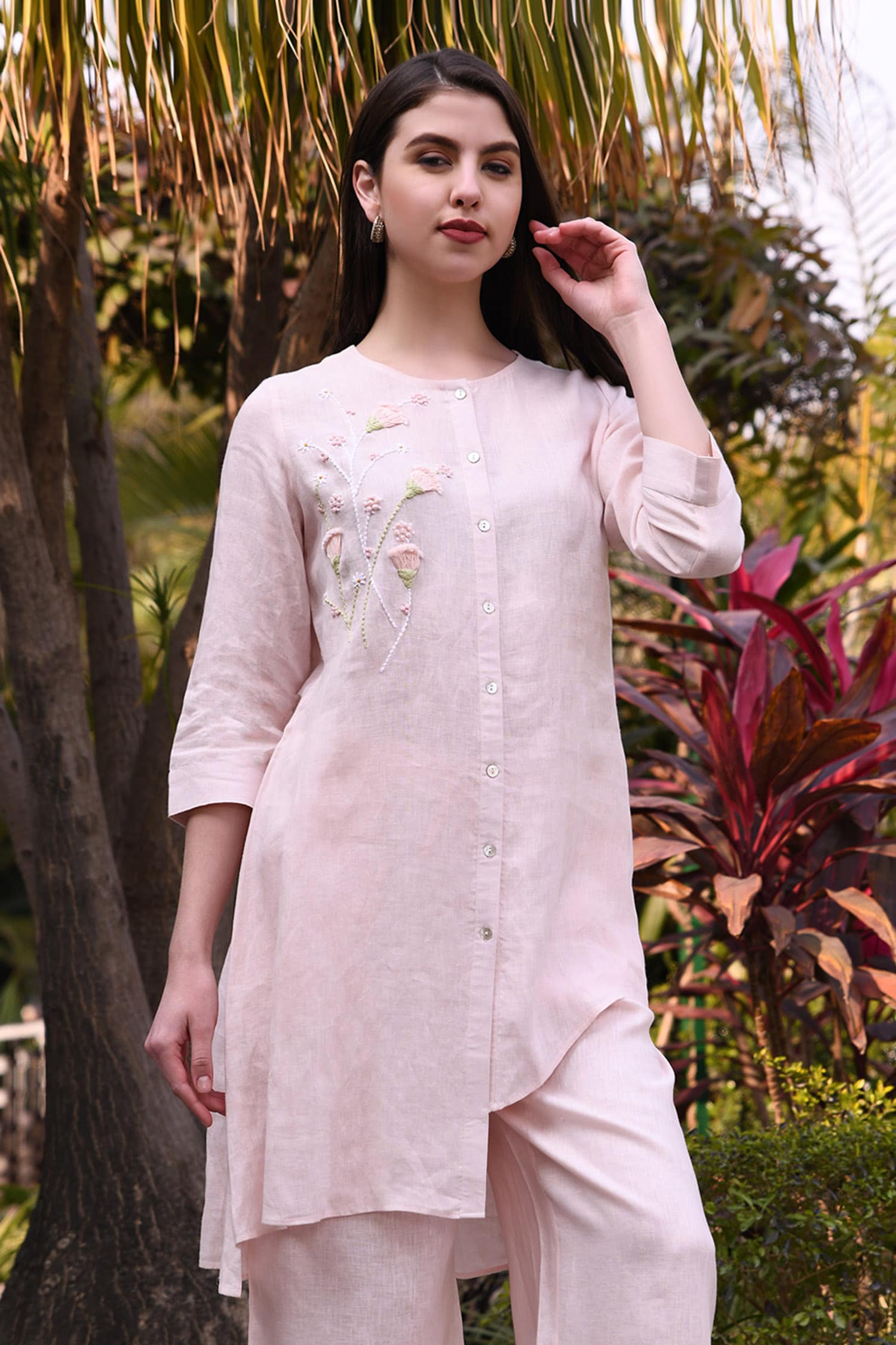 Buy Pink 100% Linen Round Embroidered Asymmetric Kurta For Women by ...