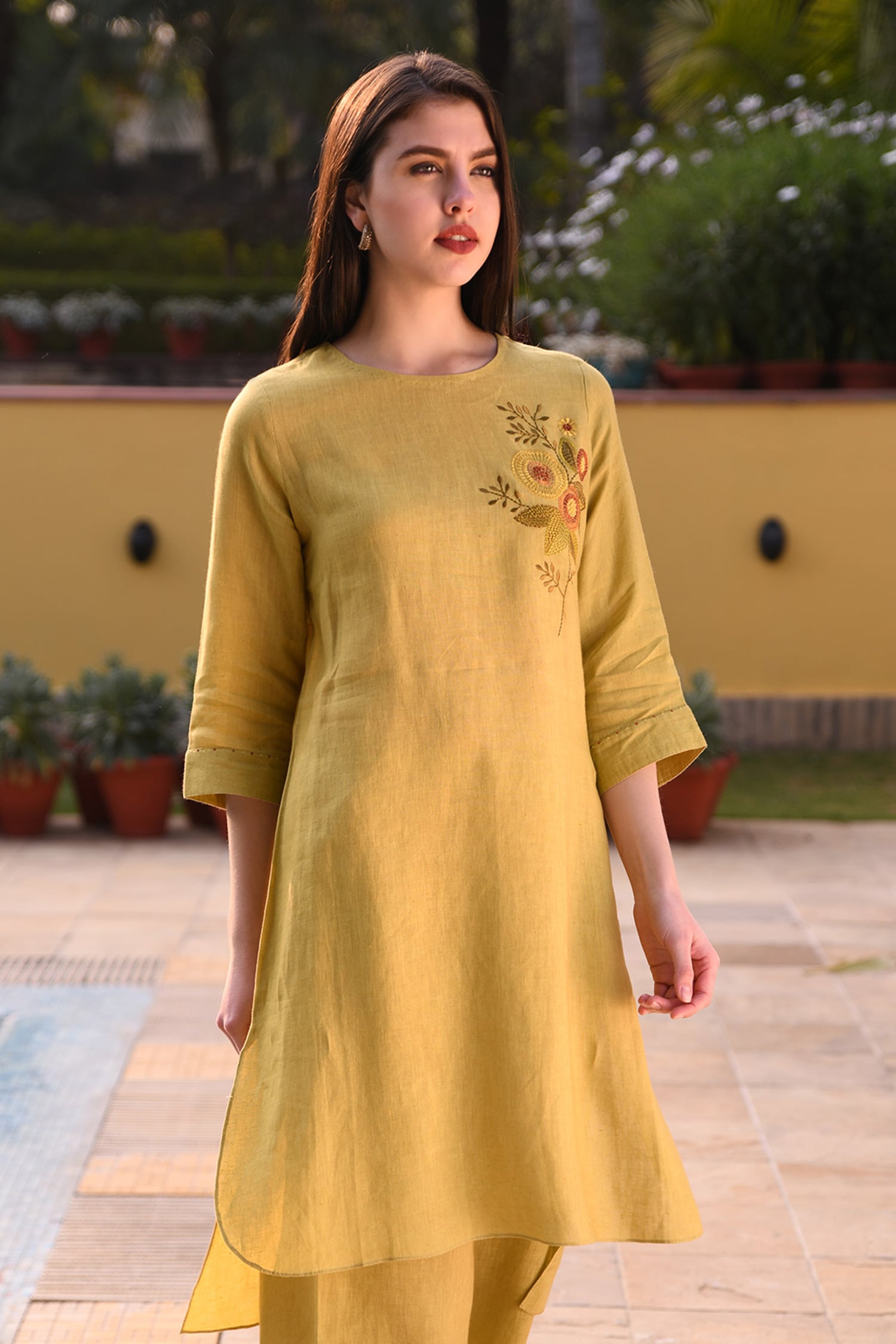 Women Cotton Anarkali Printed Yellow Kurti