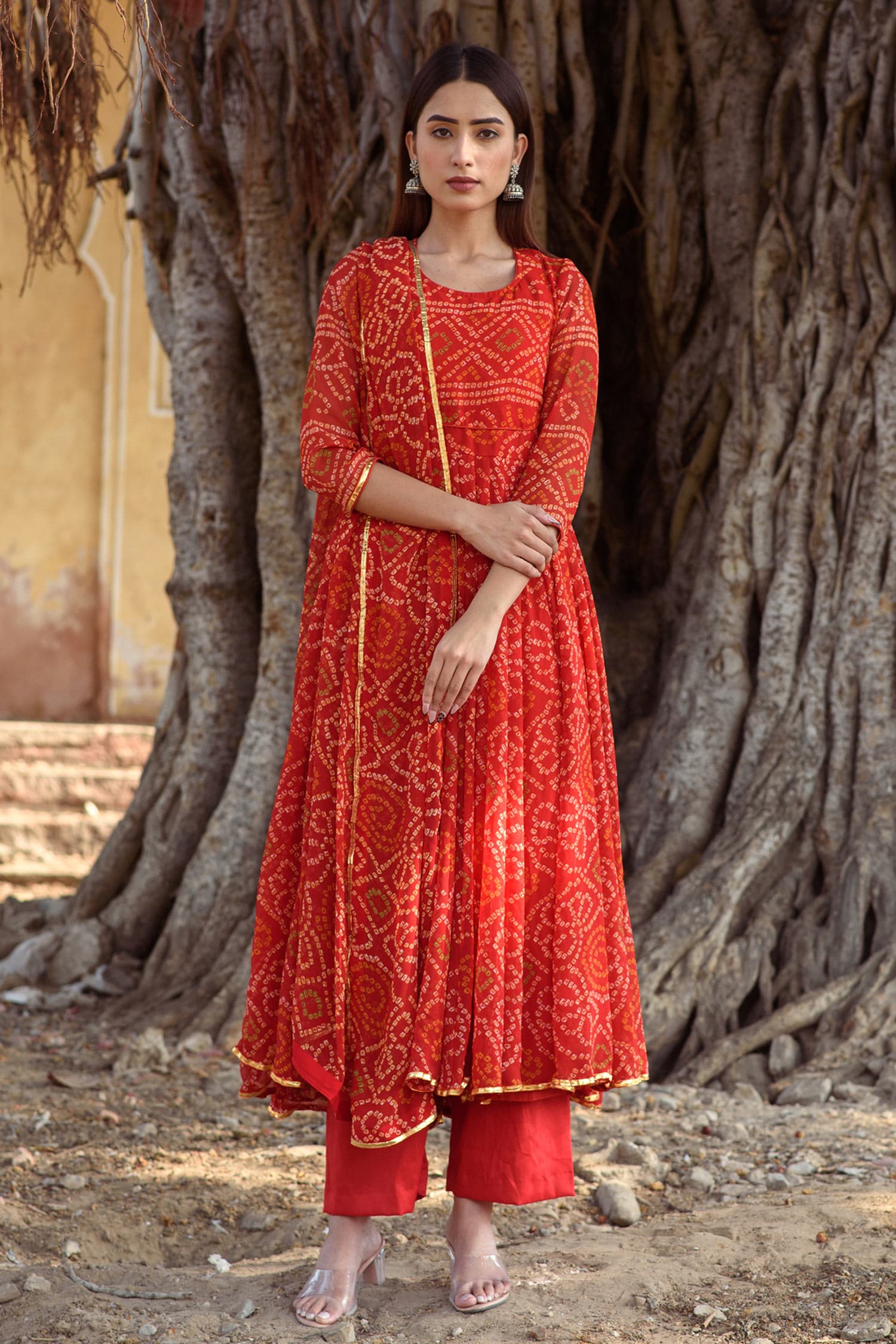 Buy Red Georgette Round Bandhani Print Anarkali Set For Women by Gulabo ...