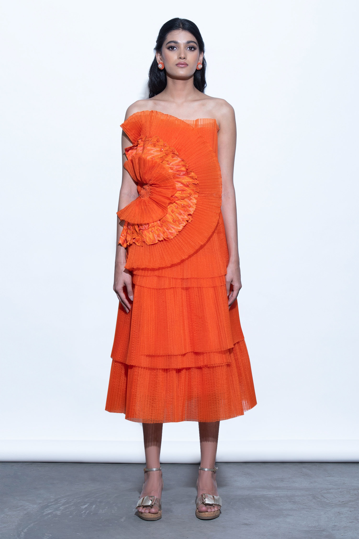 Buy Orange Bandeau Floral Applique Tiered Dress For Women by