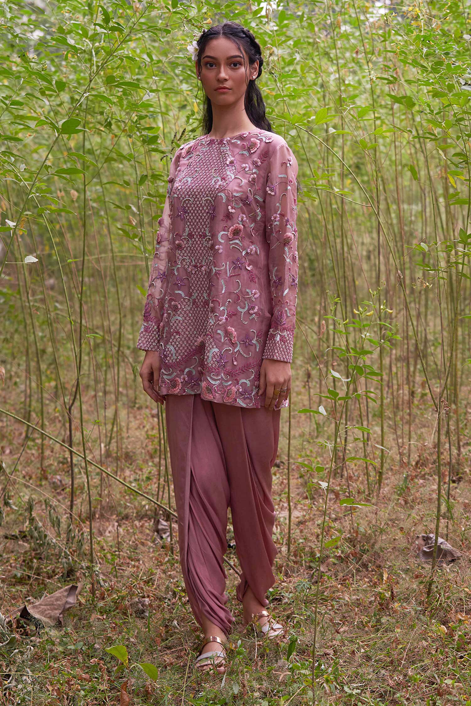 Incheetape Brown Silk Chanderi Embroidered Short Tunic And Dhoti Pant Set