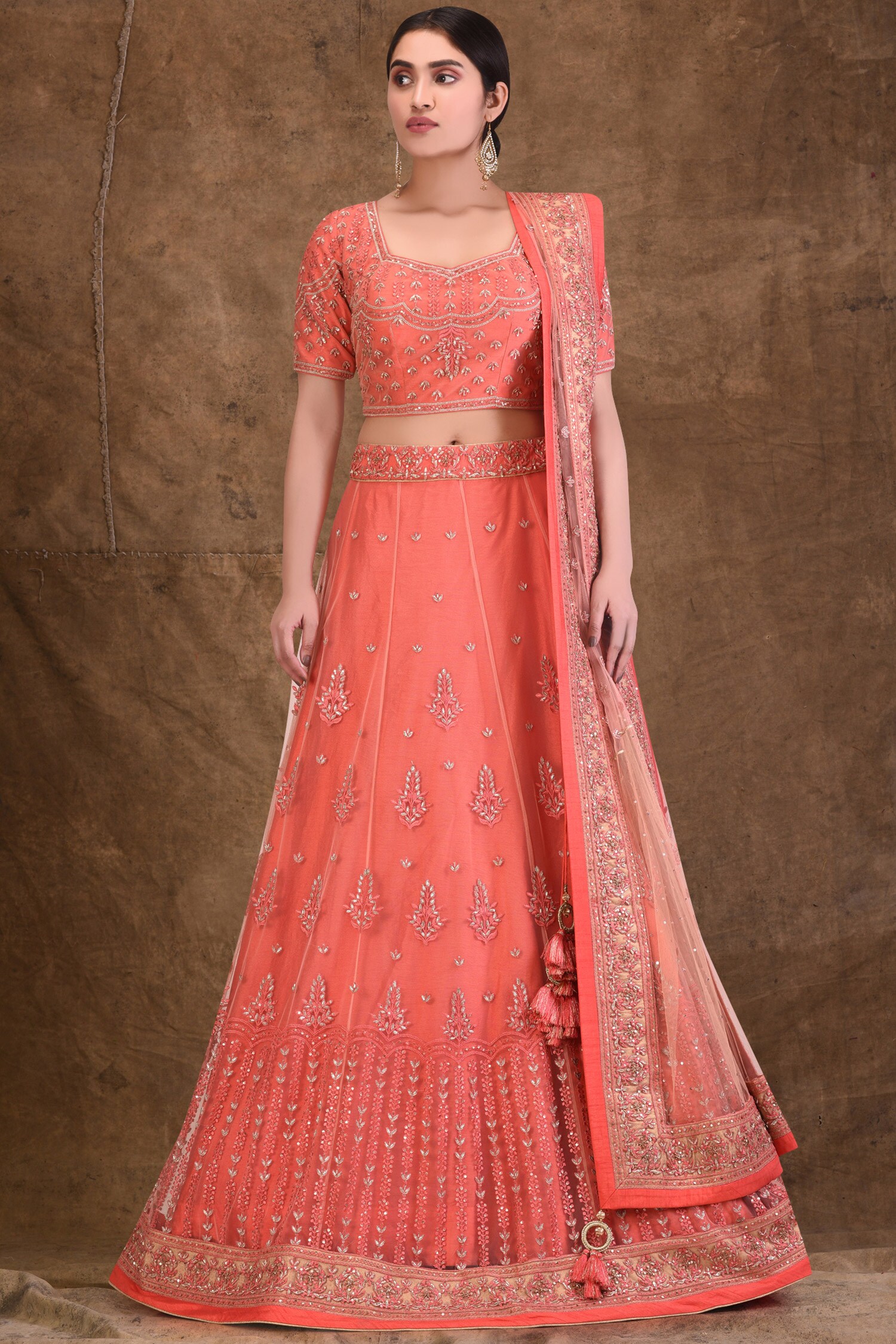 Ariyana Couture Coral Tafetta Square Neck Embroidered Lehenga Set For Women