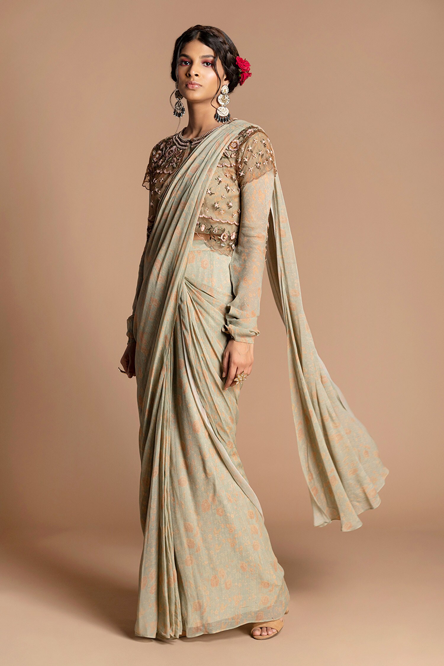 Buy Kalista Green Viscose Predraped Saree With Cape Online