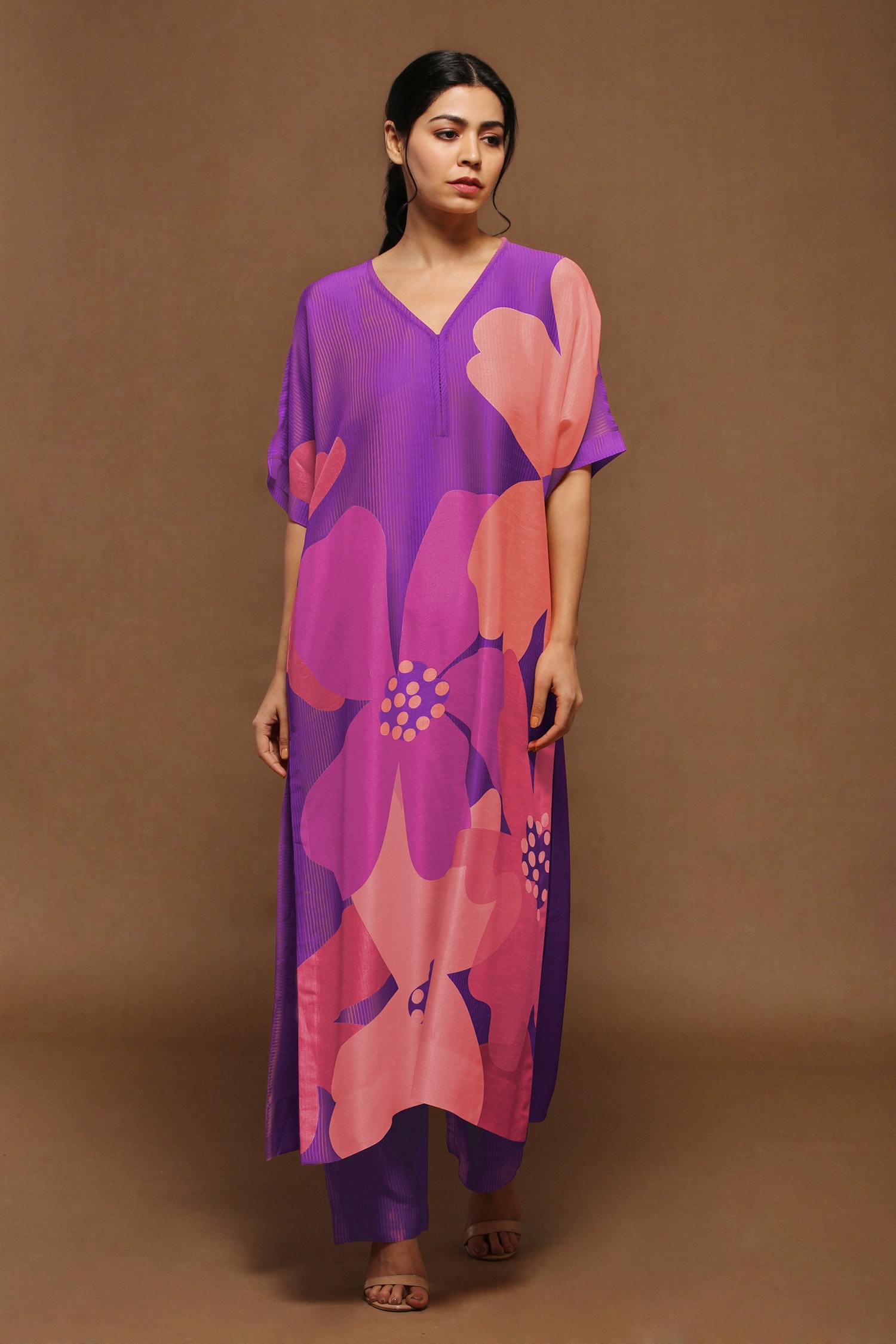 Buy Purple Dupion Silk Printed Floral V Neck Kurta And Pant Set For ...