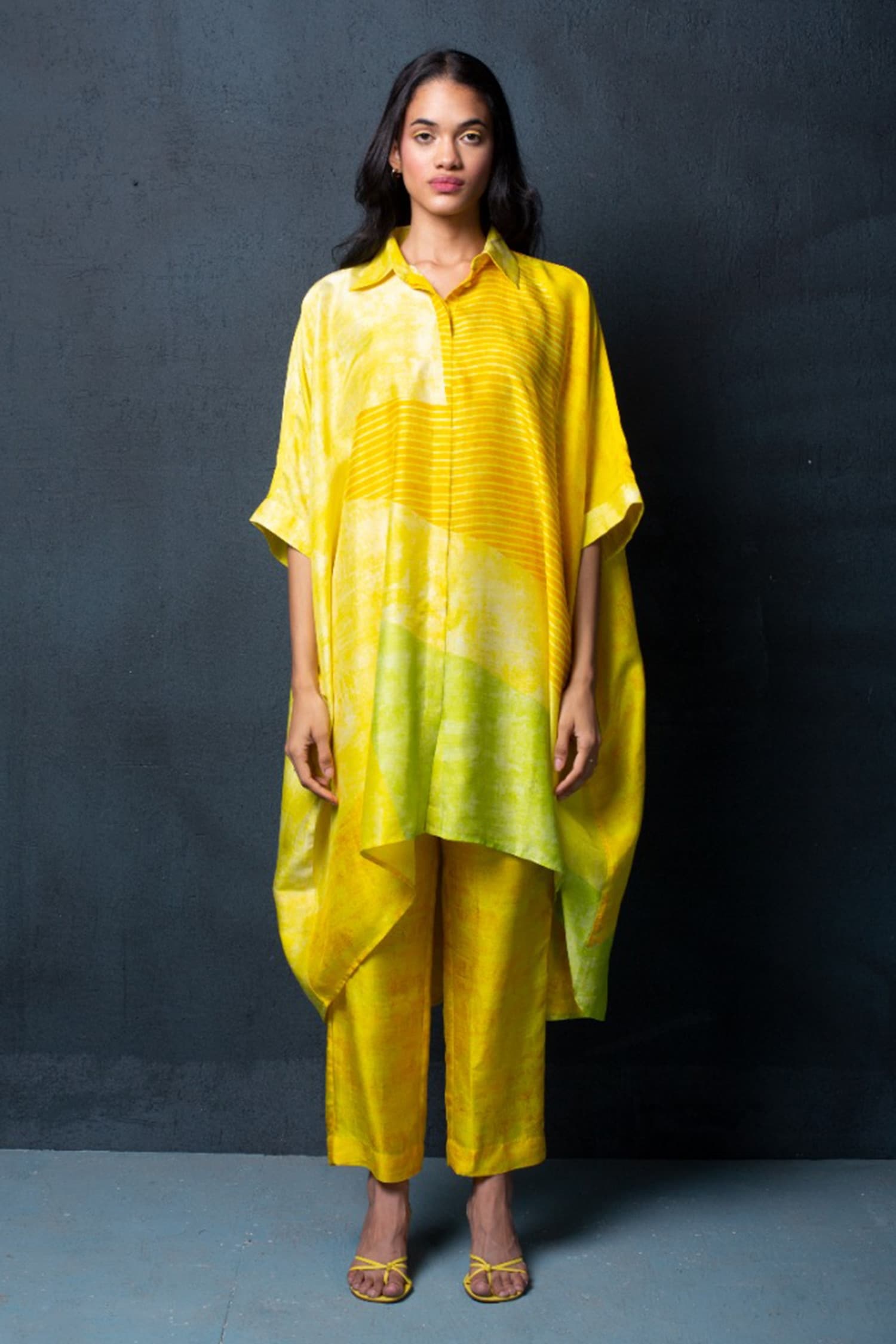 Buy Clos Yellow Dupion Silk Printed Asymmetric Tunic And Pant Set ...