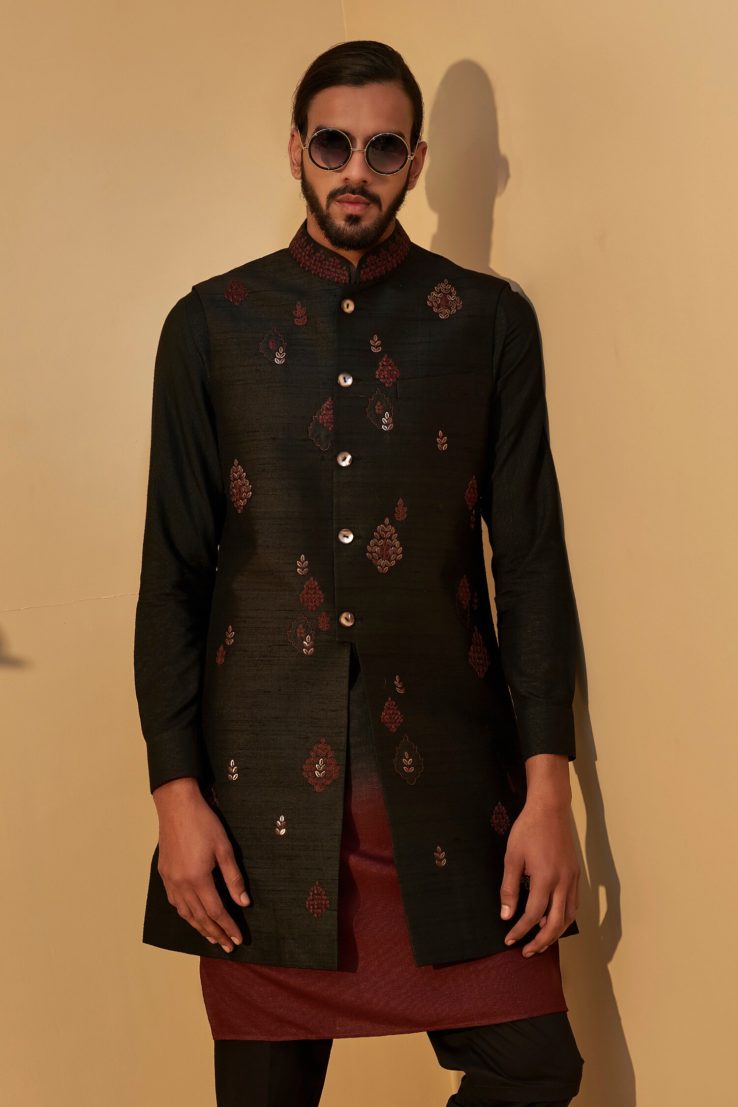 Buy Black Raw Silk Embroidered Bundi And Kurta Set For Men by Dhruv ...