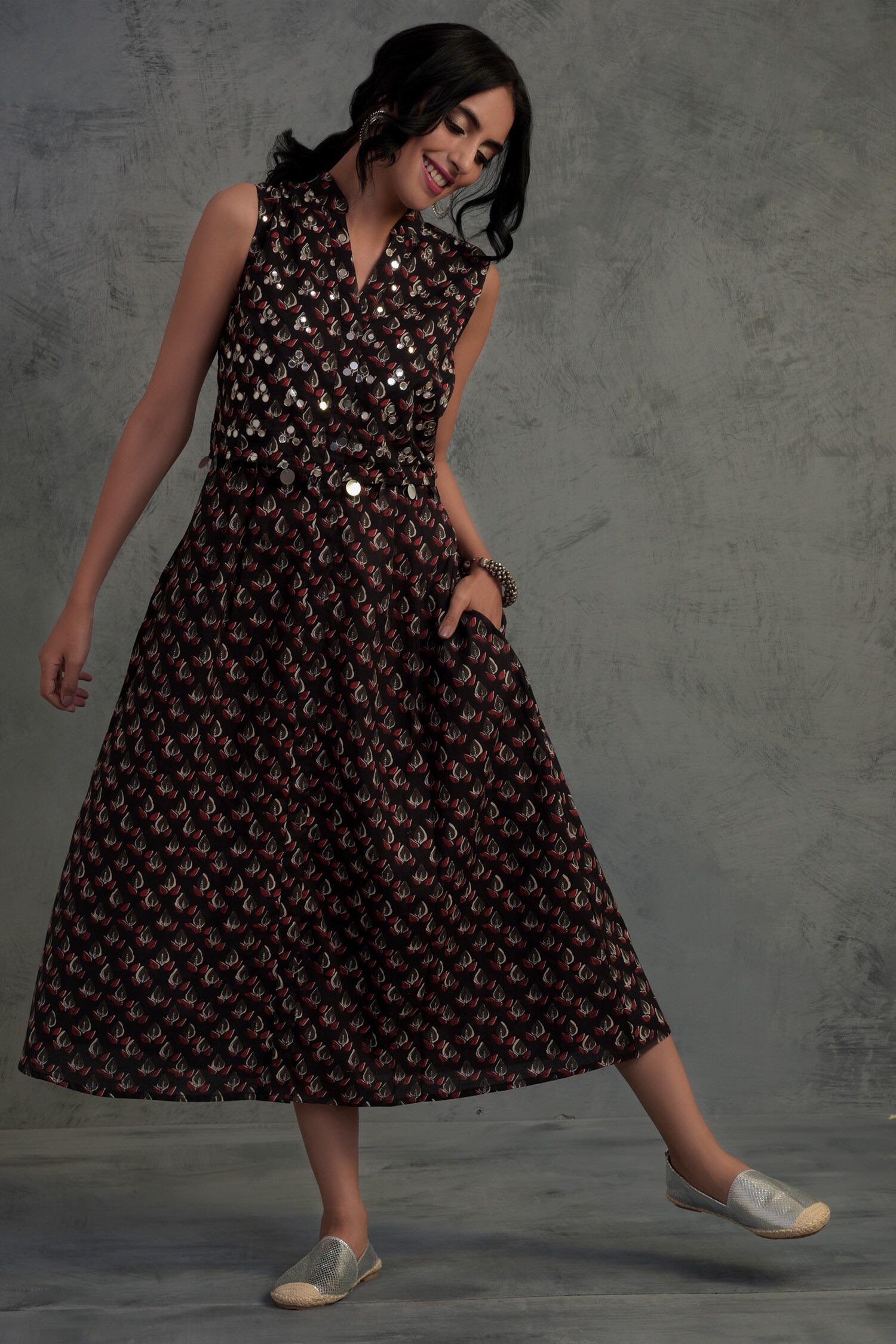 Buy Charkhee Black Cotton Block Print Midi Dress Online Aza Fashions