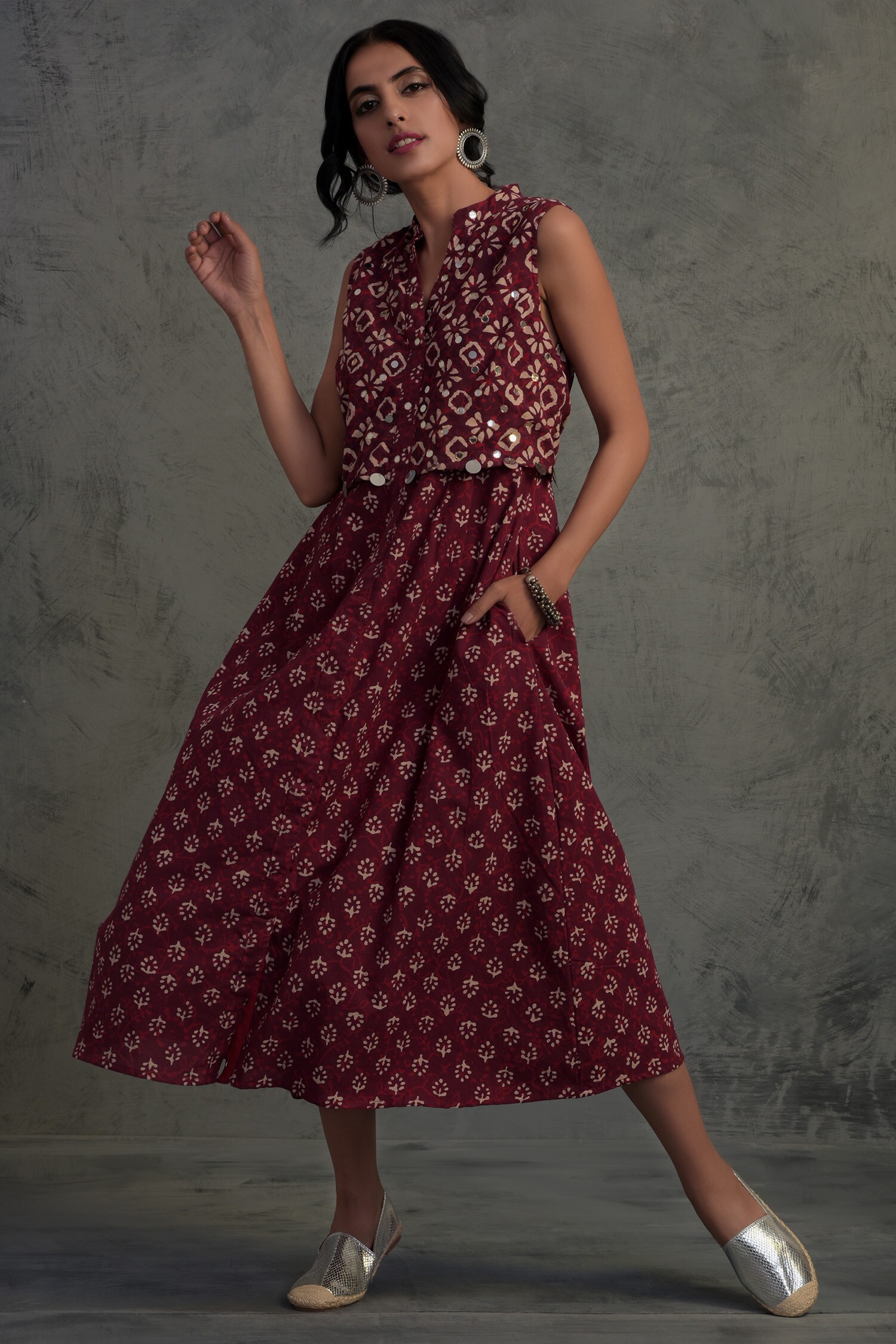 Buy Charkhee Maroon Cotton Block Print Midi Dress Online Aza Fashions