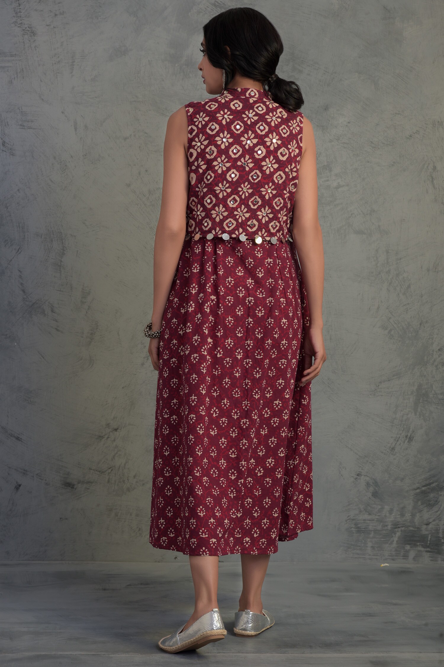 Buy Charkhee Maroon Cotton Block Print Midi Dress Online Aza Fashions