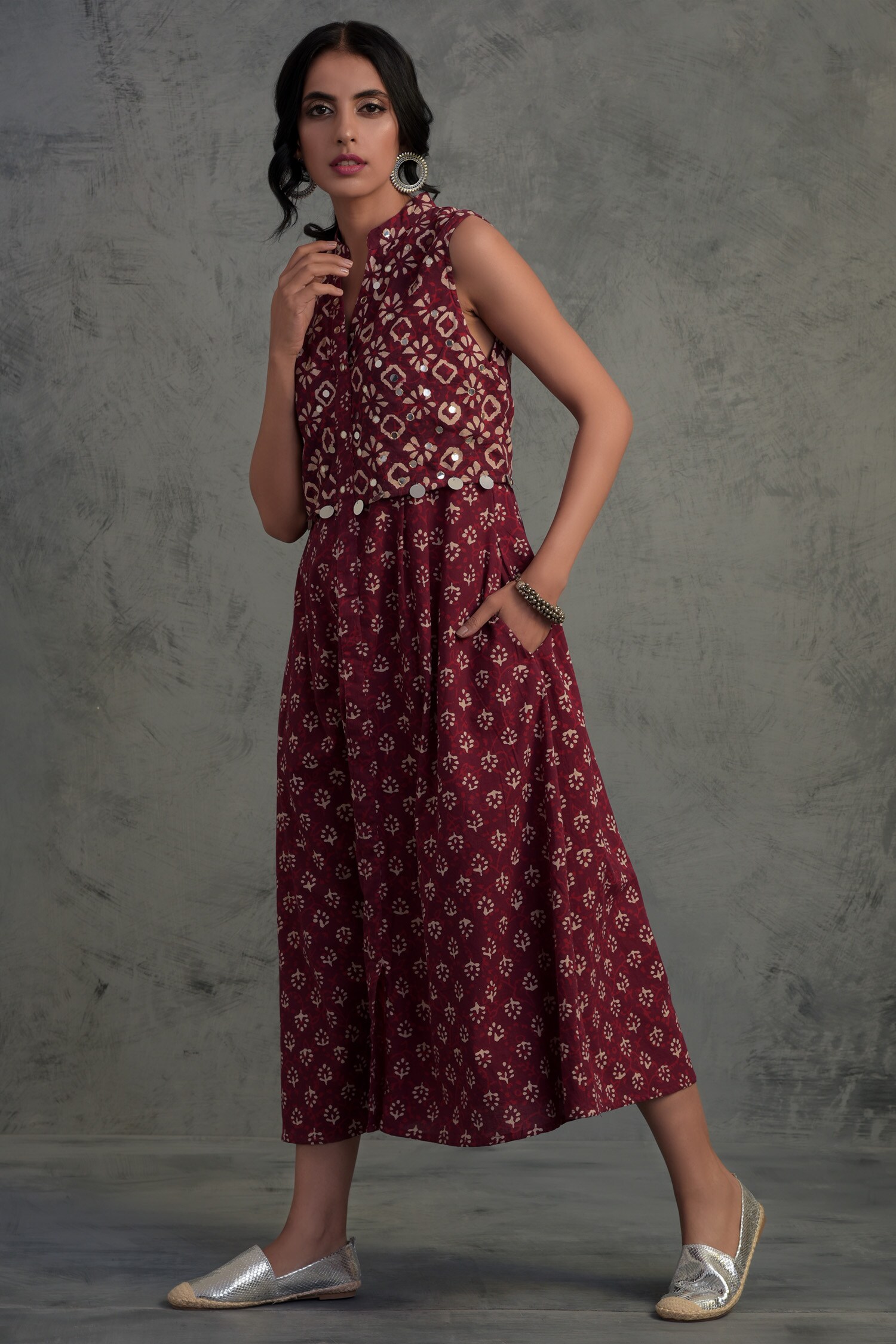 Buy Charkhee Maroon Cotton Block Print Midi Dress Online Aza Fashions