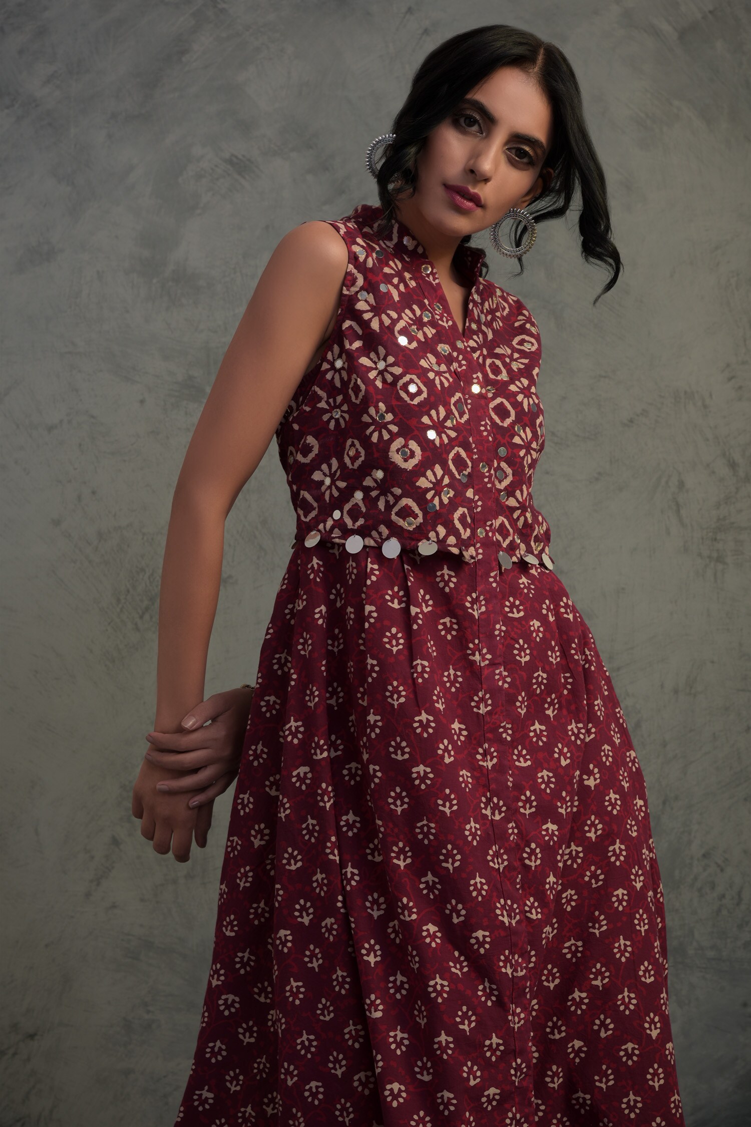 Buy Charkhee Maroon Cotton Block Print Midi Dress Online Aza Fashions