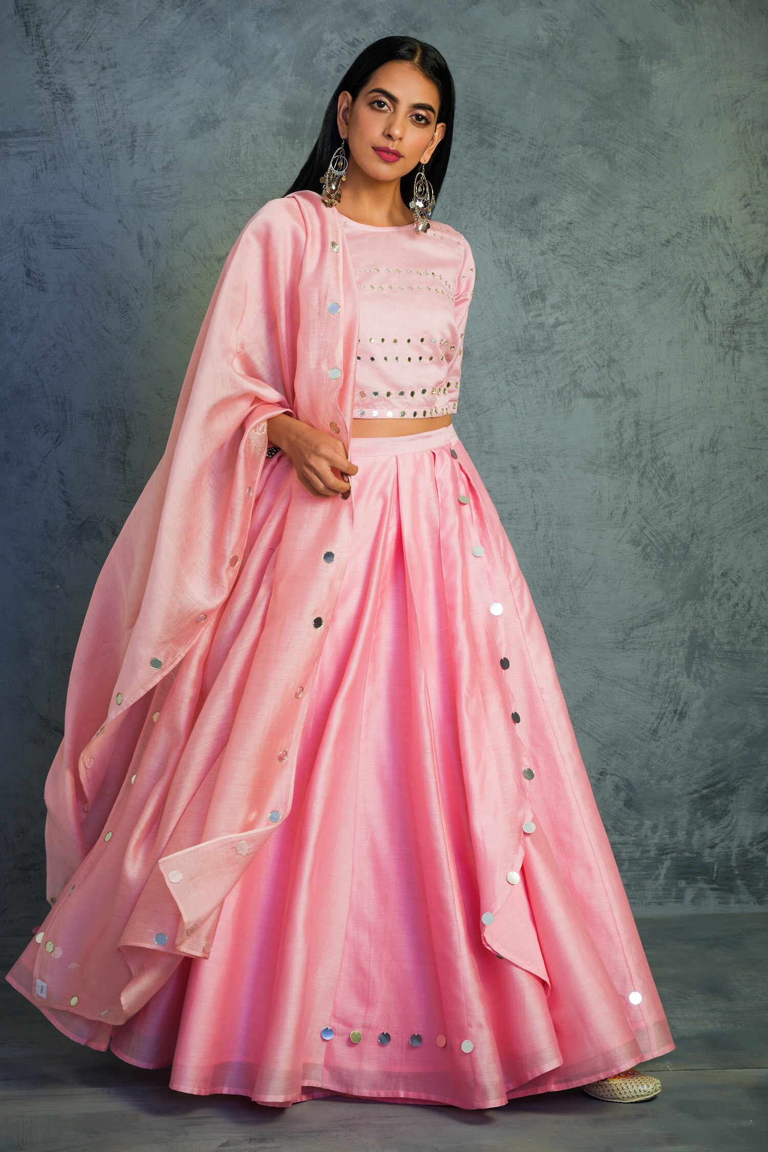 Buy Pink Chanderi Round Embroidered Lehenga Set For Women by Charkhee ...