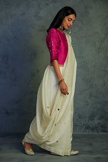 Red Cotton Chanderi Saree with Embroidery and Stripe Blouse Fabric