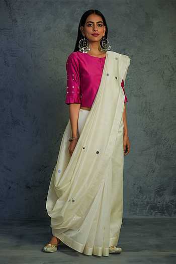 Black Cotton Chanderi Saree with Embroidery and Stripe Blouse Fabric