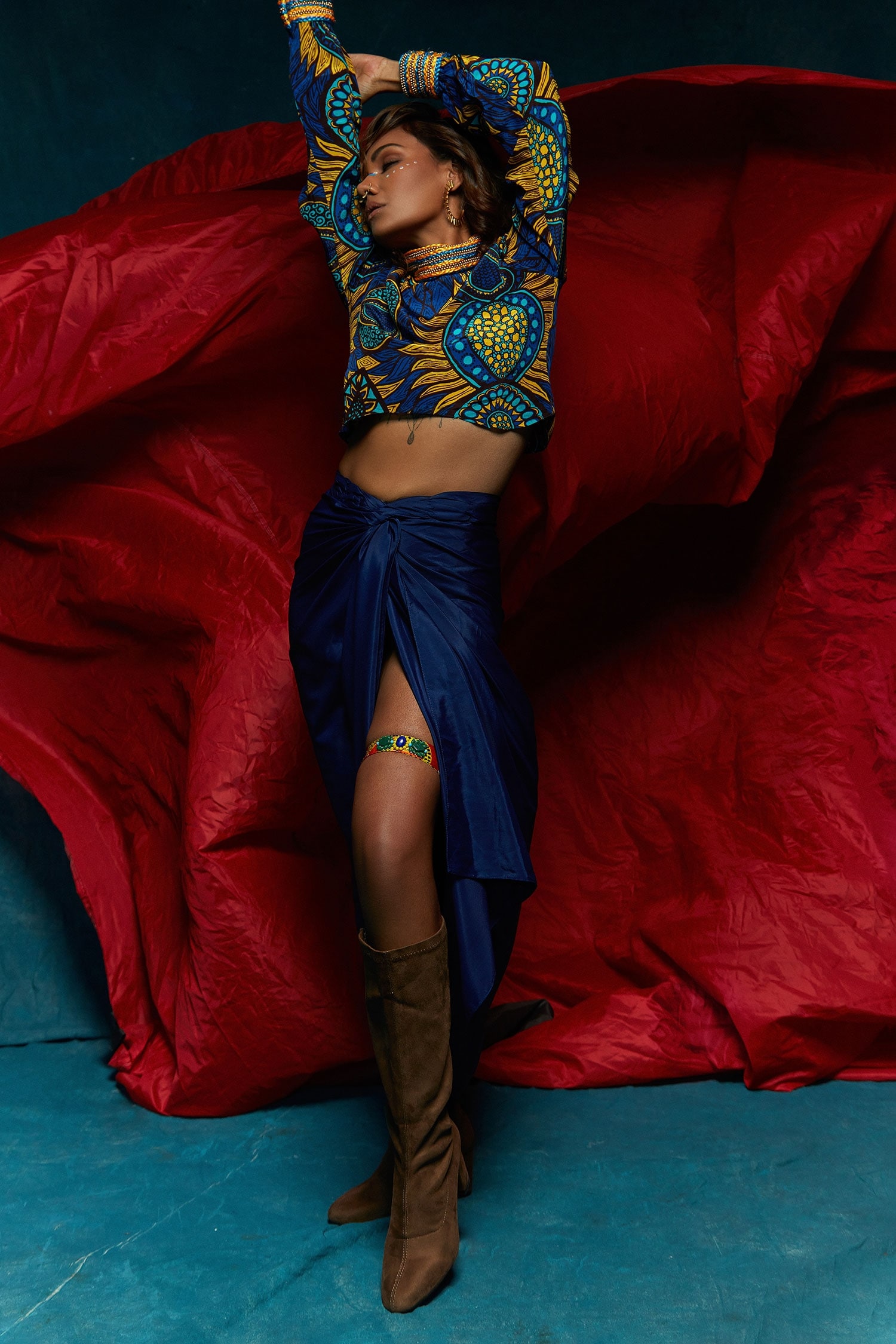 Buy Blue Modal Printed Abstract Round High Neck Crop Top For Women by