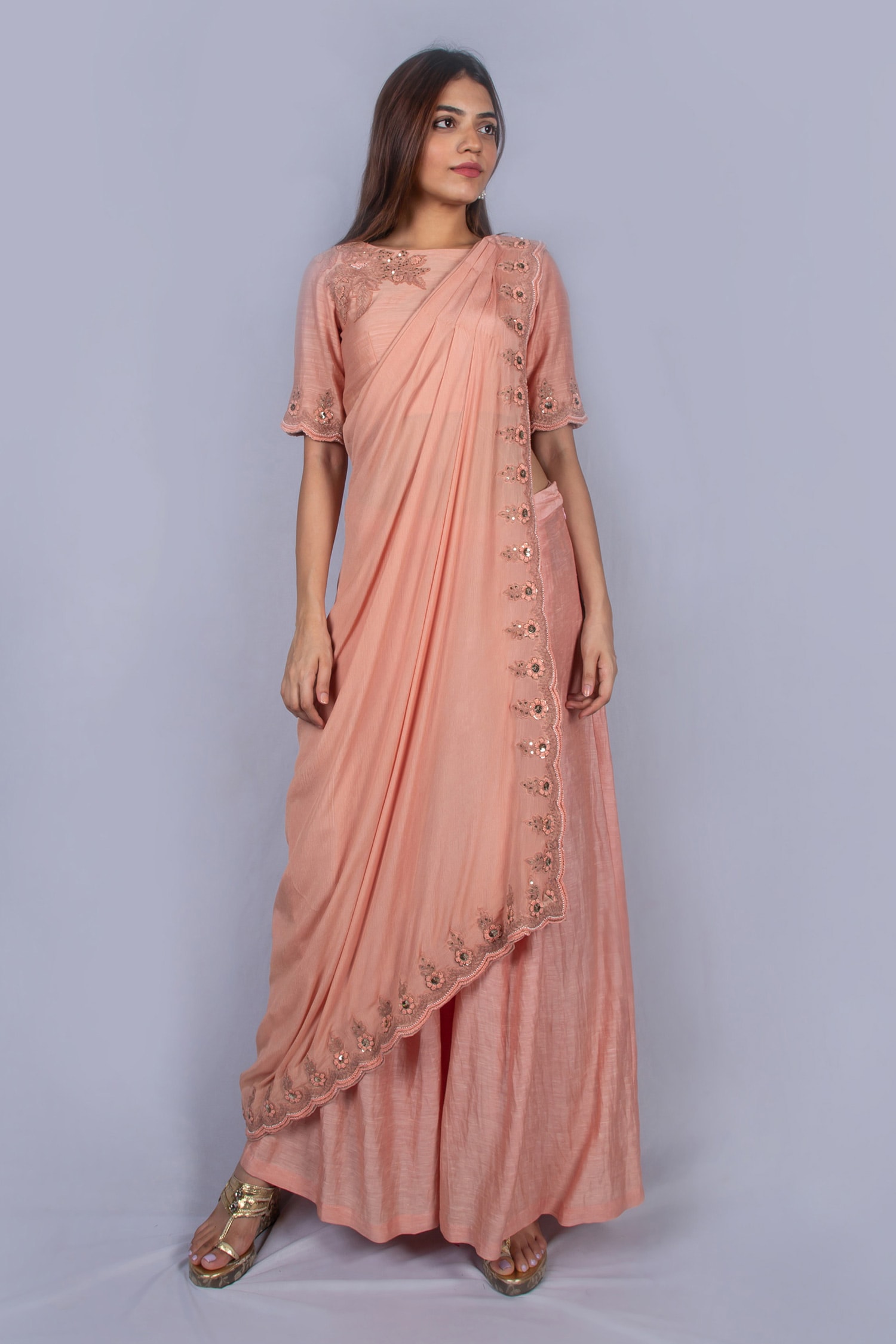 Buy Ekru Peach Voile Embroidered Chanderi Crop Top Palazzo Set Online ...