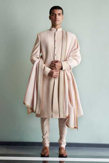 Buy Qbik Pink Embroidered Sherwani Set Online | Aza Fashions