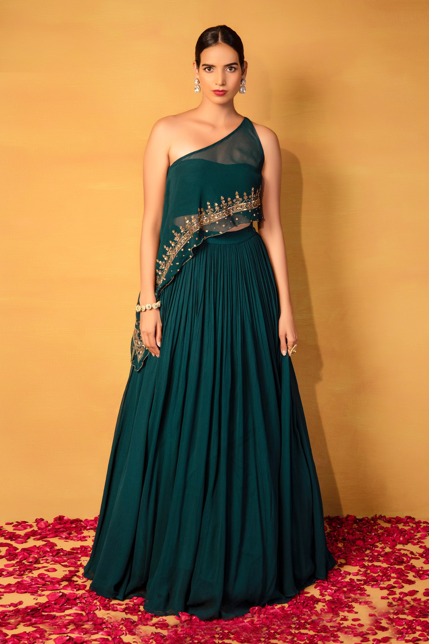 Buy Green Georgette Na Embellished Cape And Lehenga Set For Women by ...