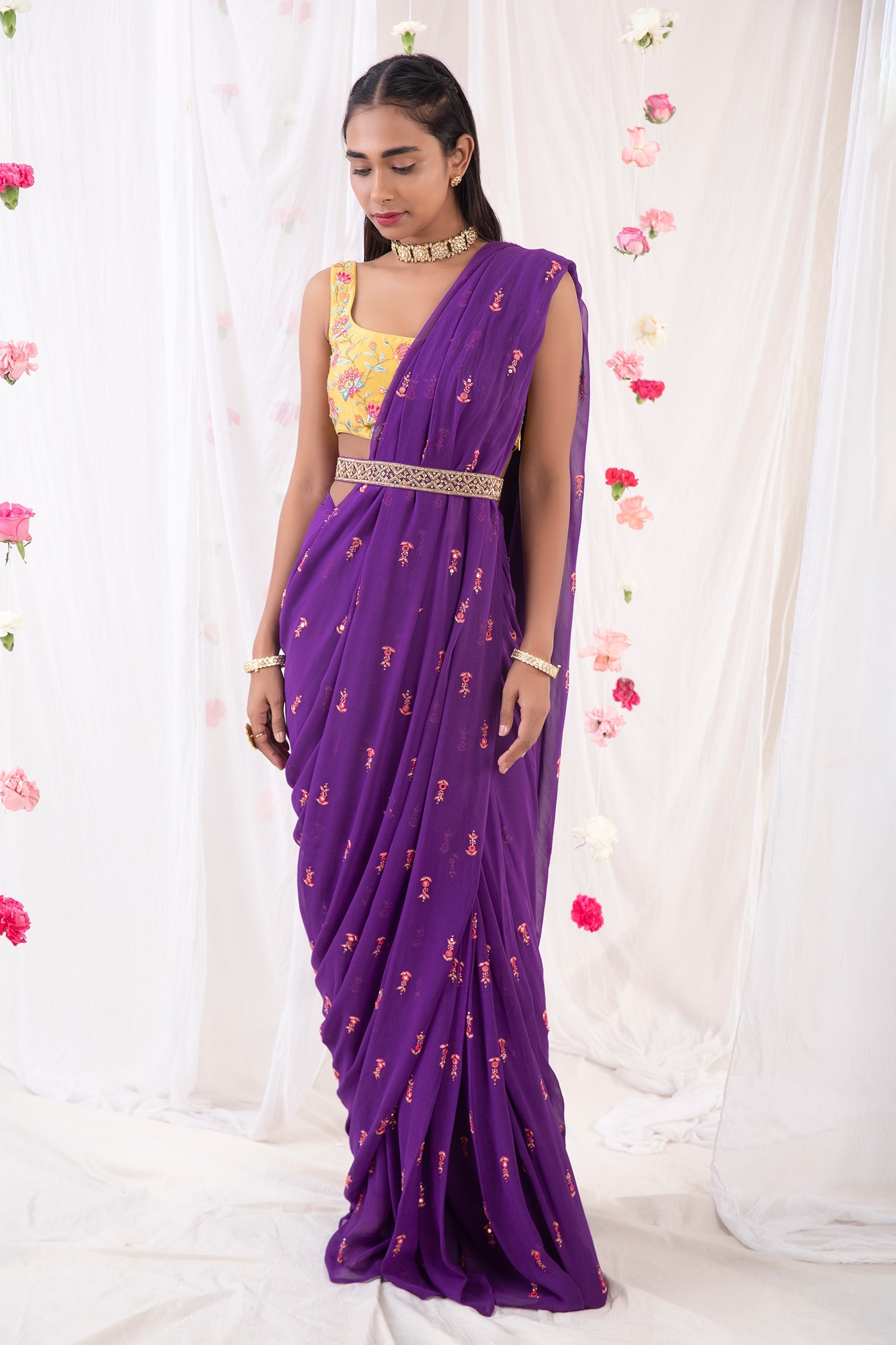 Buy Purple Georgette Embroidered Mirror Work U Neck Saree And Blouse ...