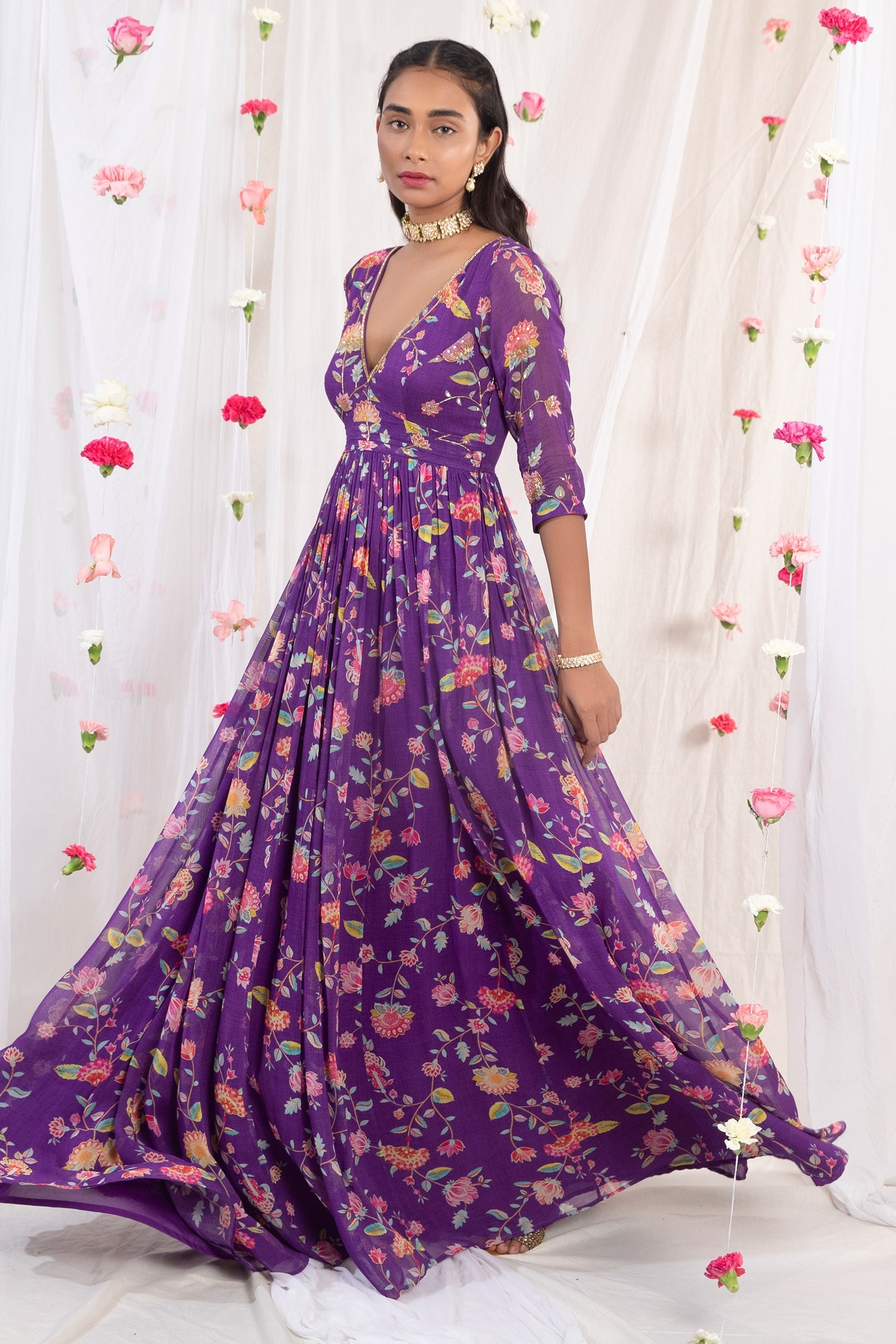 Buy Esha Koul Purple Georgette Floral Print Anarkali With Dupatta ...
