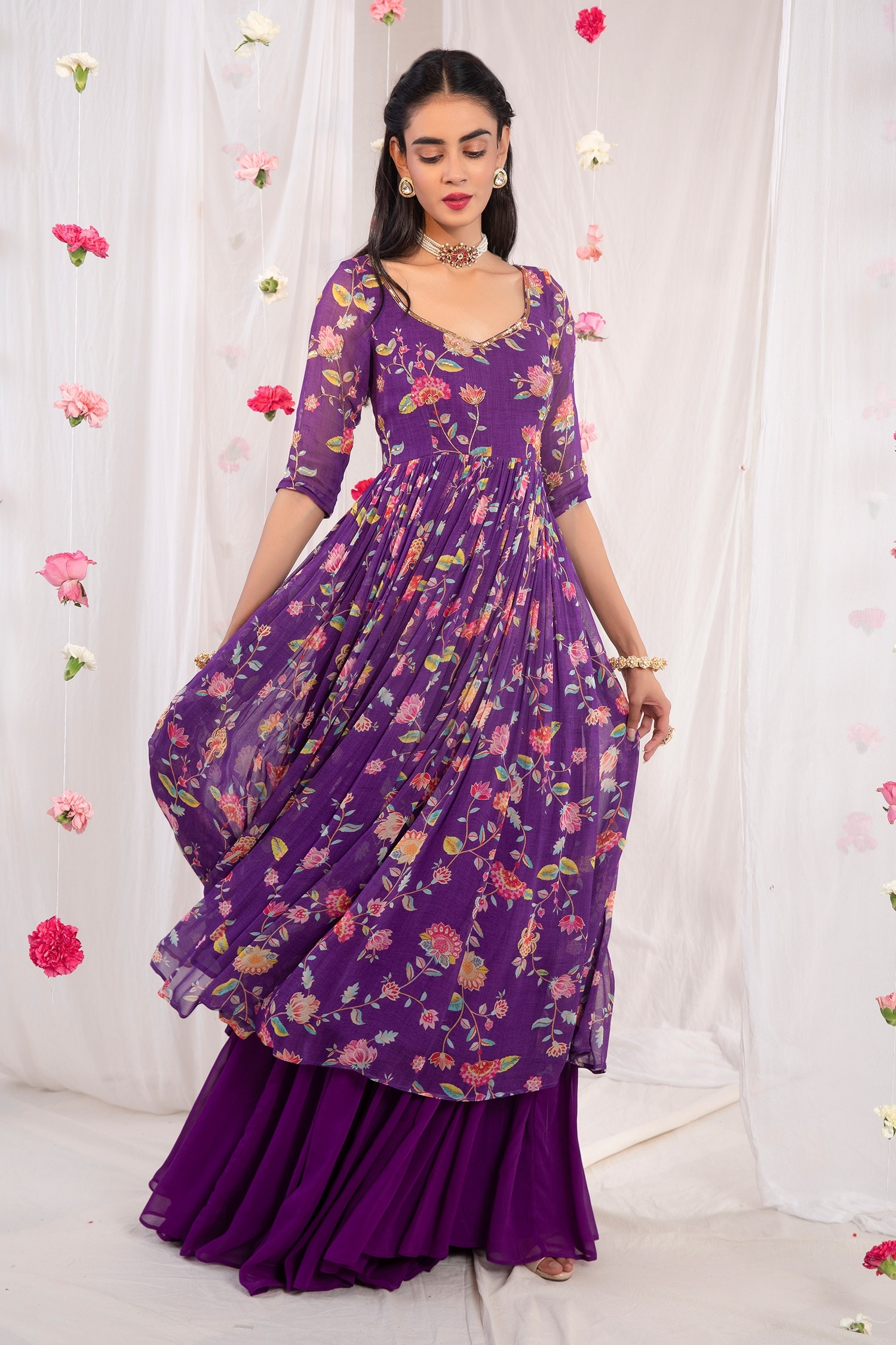 Buy Purple Georgette Printed Floral Motifs V Neck Anarkali Sharara Set ...