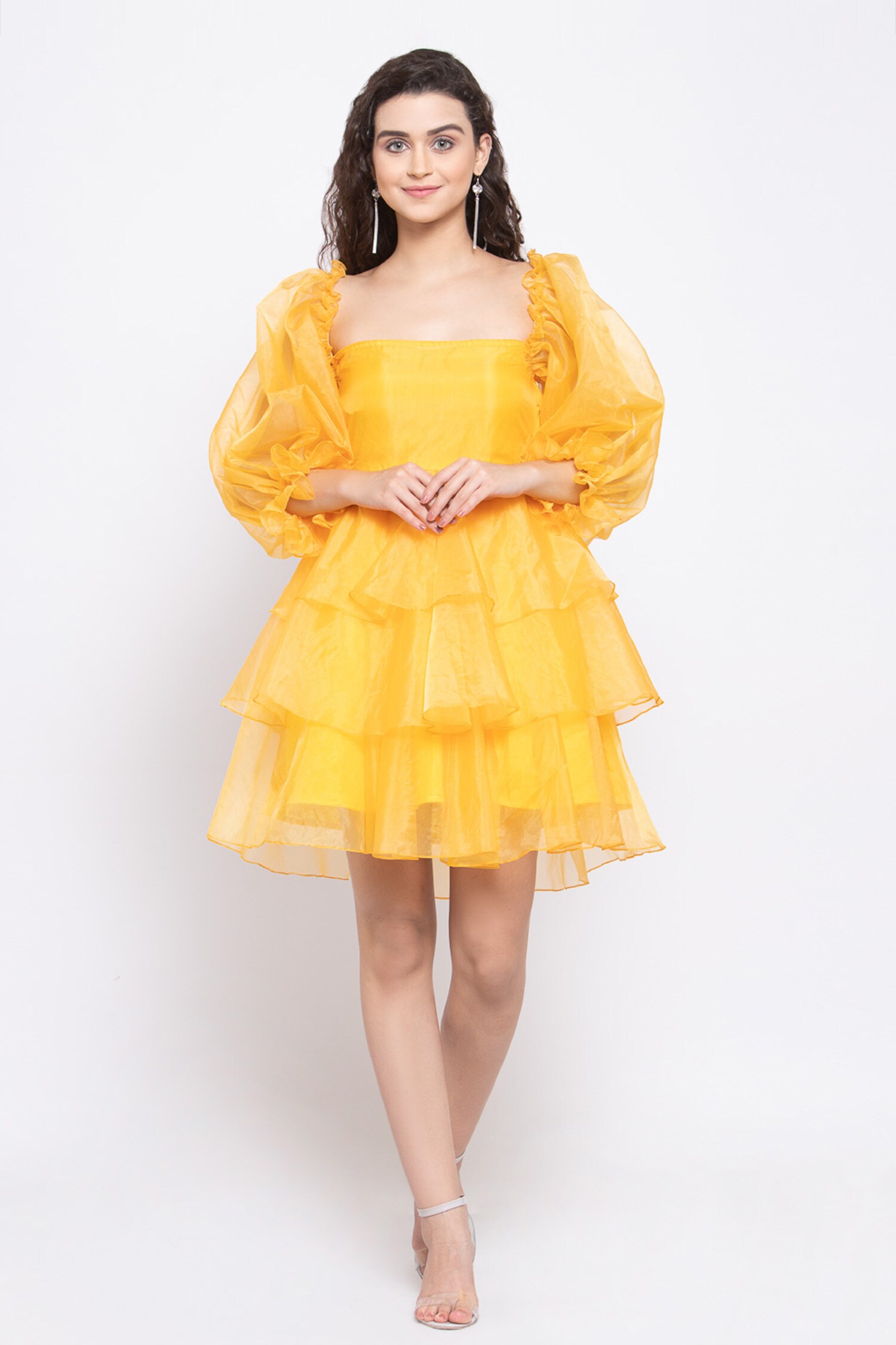 Buy Yellow Viscose Embroidery Square Neck Ruffle Dress For Women by ...