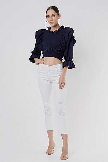 Buy Blue Viscose Round Ruffle Crop Top For Women by Emblaze Online at ...