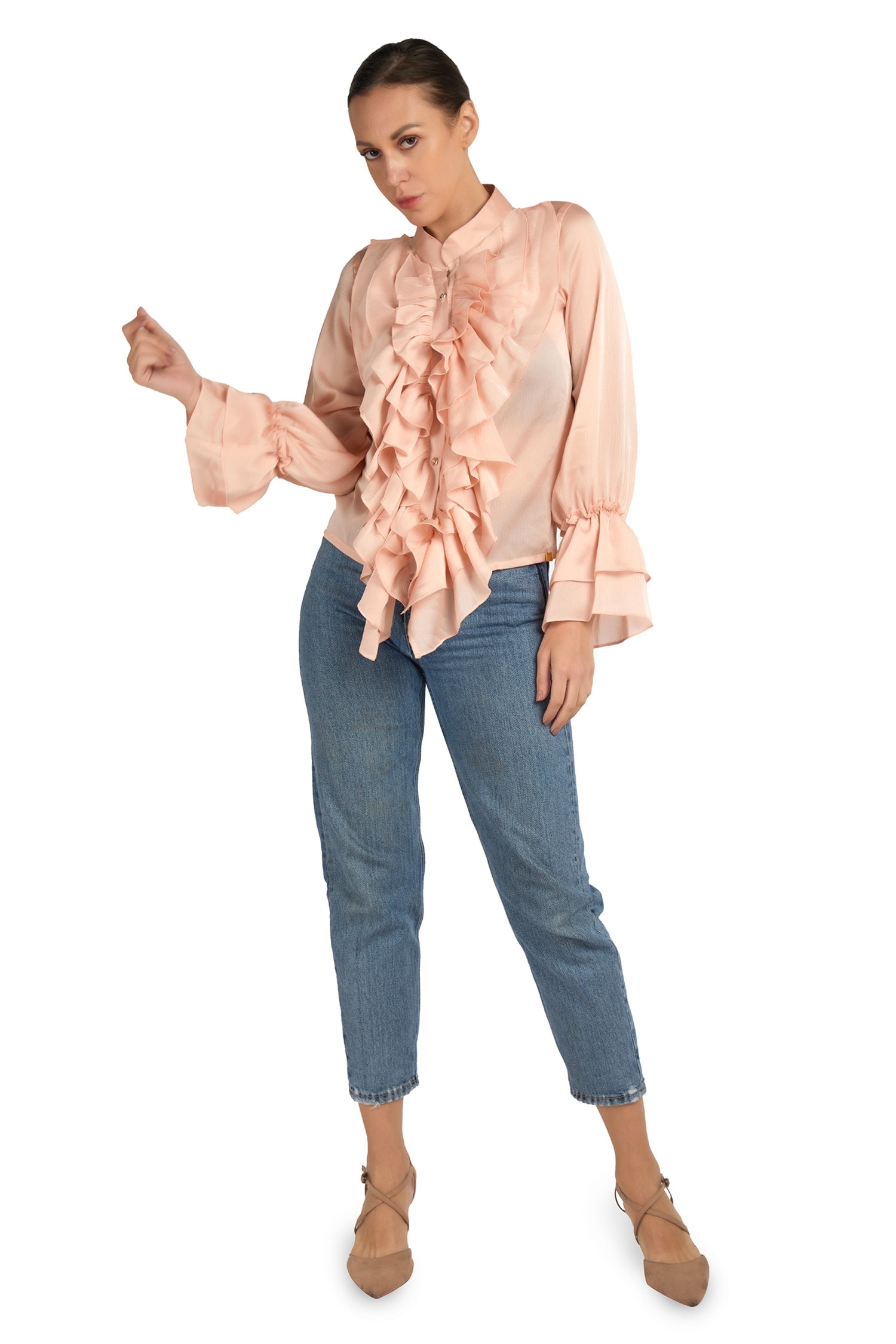 Buy Peach Satin Band Ruffle Detail Shirt For Women by Emblaze Online at ...