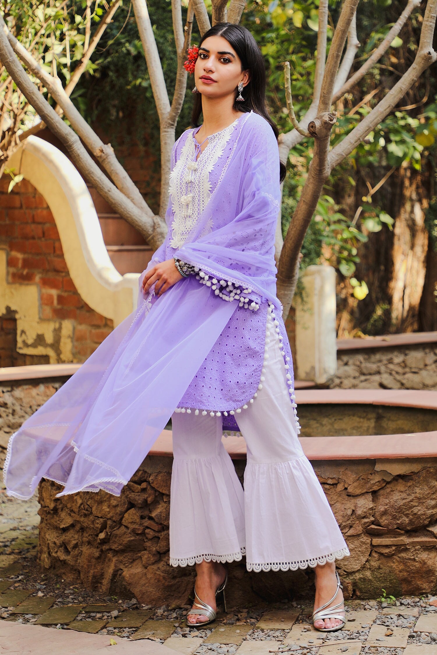 Buy Purple Embroidered Thread Work Notched Bell Sleeve Kurta Sharara