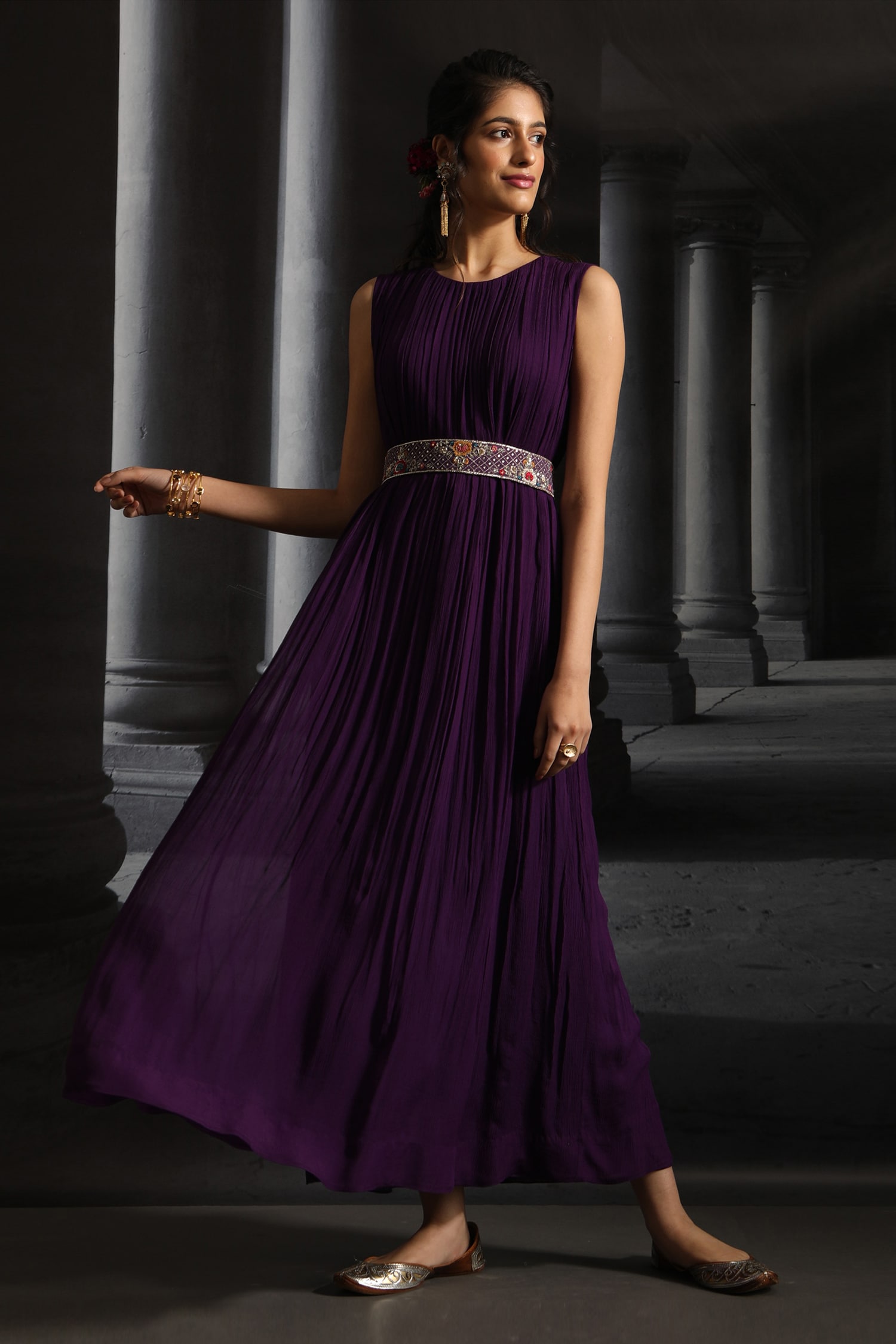 Anju Modi - Purple Chiffon Pleated Maxi Dress With Belt