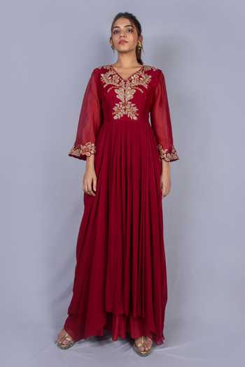 Buy Ekru Maroon Georgette Embroidered Organza Kurta Online | Aza Fashions