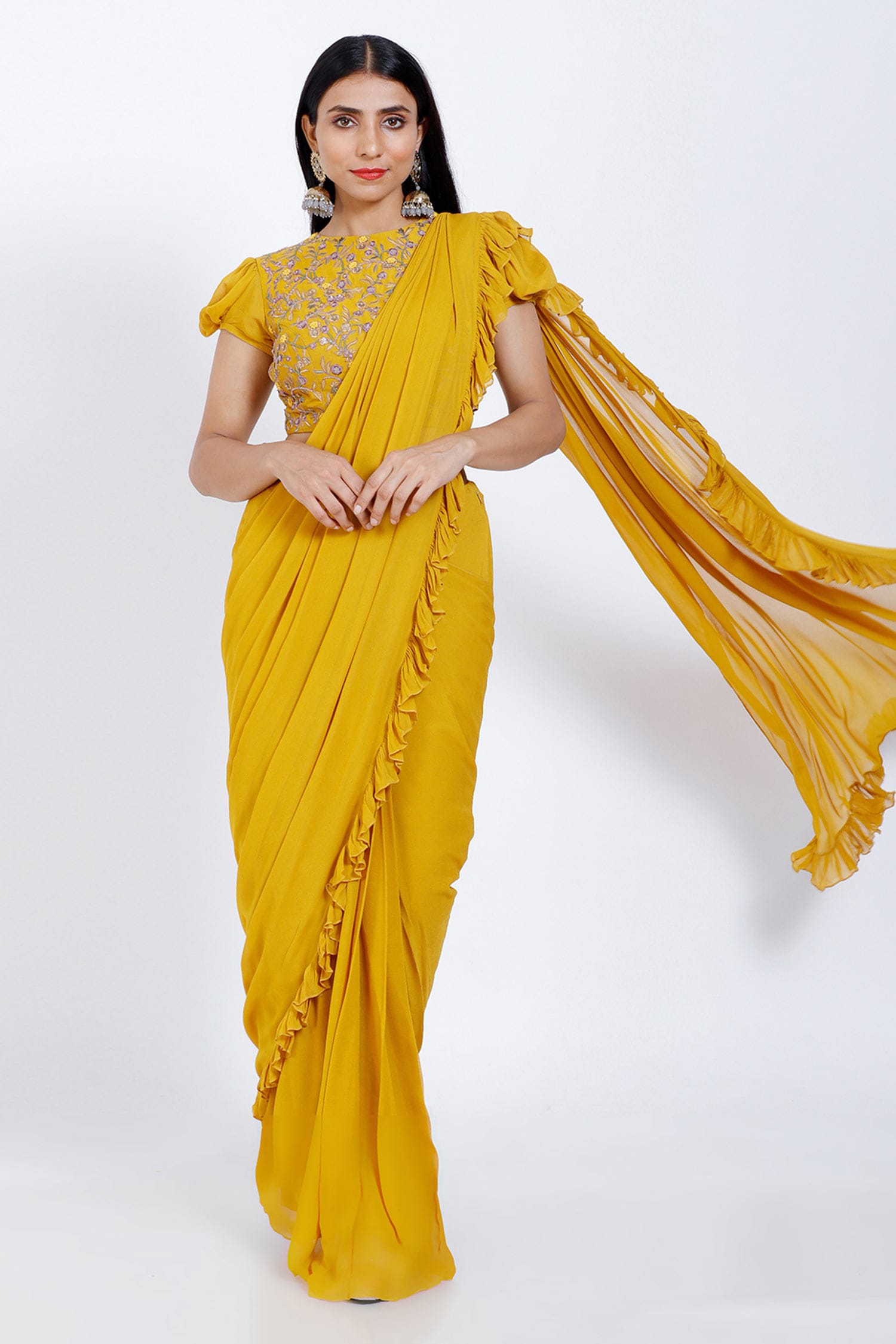 Buy Yellow Georgette Ruffle Pre-draped Saree For Women by Vedangi ...