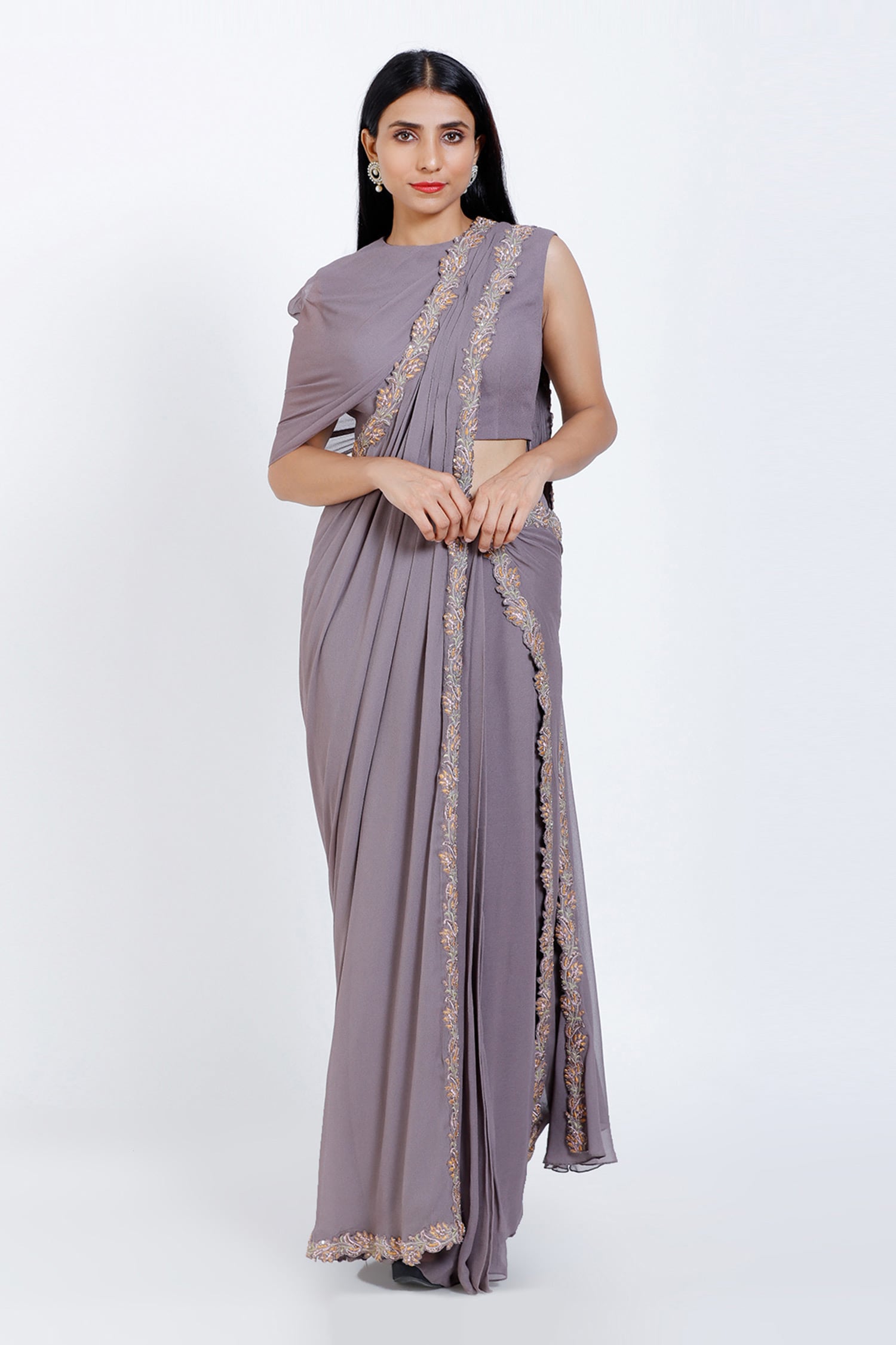 Buy Vedangi Agarwal Purple Georgette Pre-draped Saree With One Shoulder ...