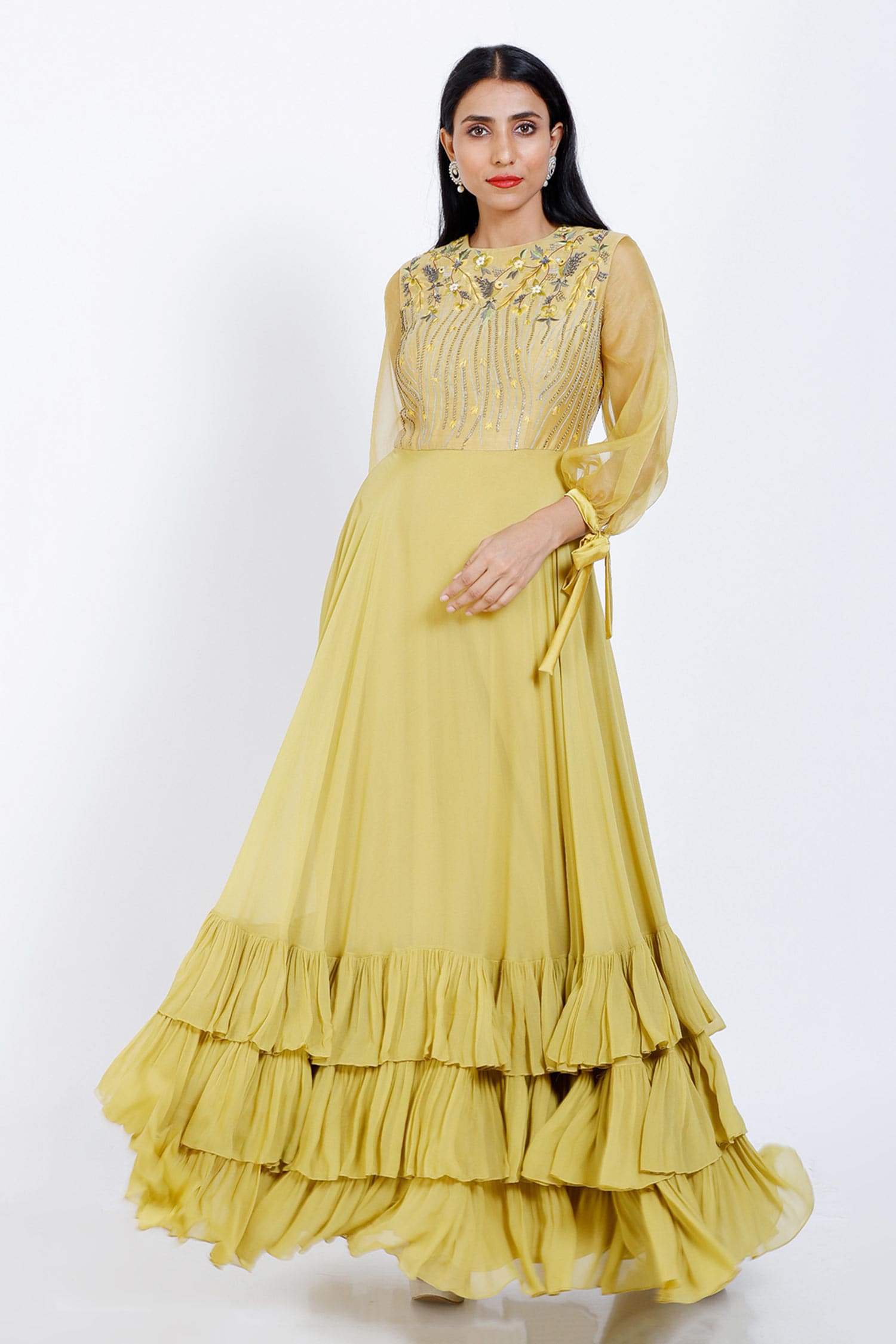 Buy Vedangi Agarwal Yellow Georgette Layered Ruffle Gown Online | Aza ...