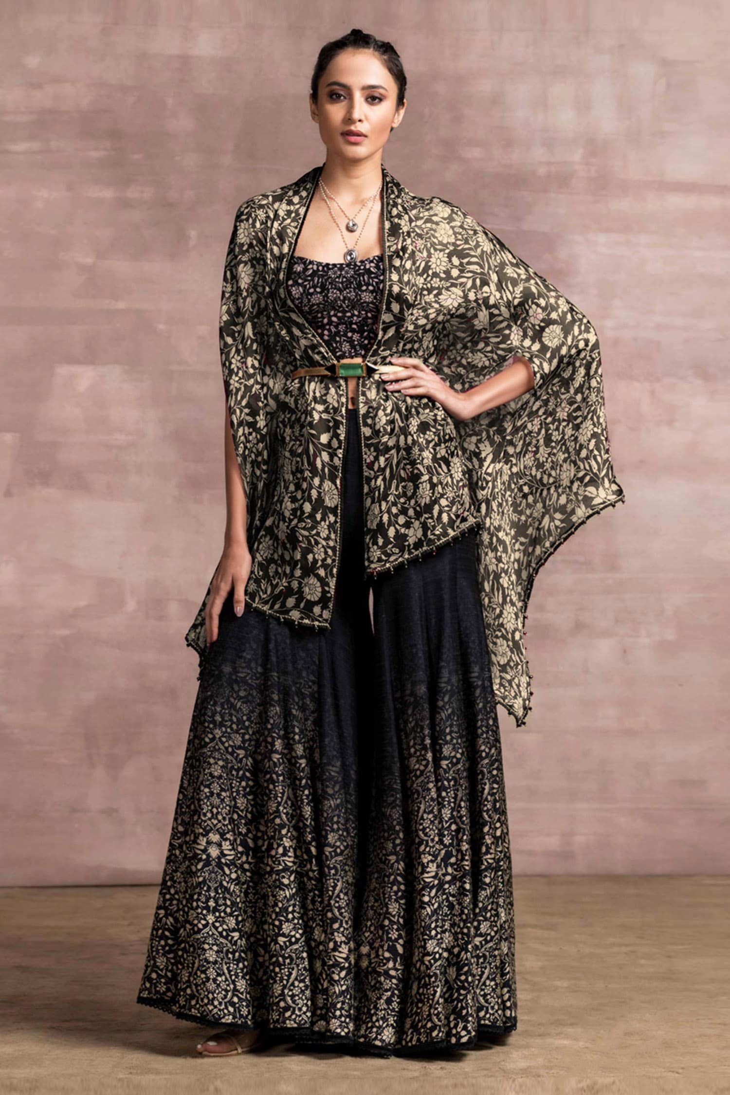 Buy Tarun Tahiliani Black Bustier Satin Organza Cape And Sharara Set ...