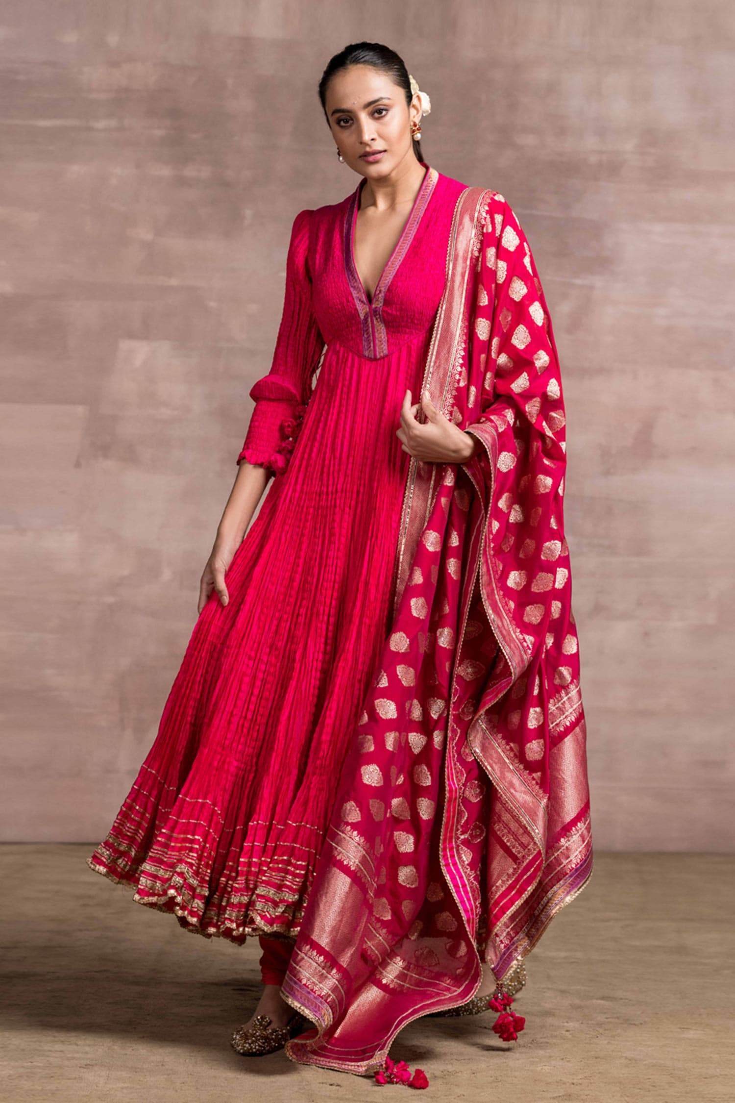 Tarun Tahiliani Pink Kurta: Silk Embroidery V Neck Anarkali Set For Women