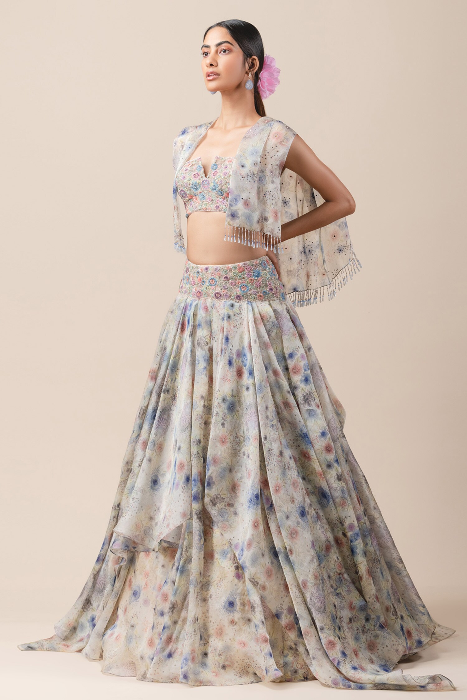 Buy Tarun Tahiliani Multi Color Sheer Silk Tassel Cape And Lehenga Set Online Aza Fashions