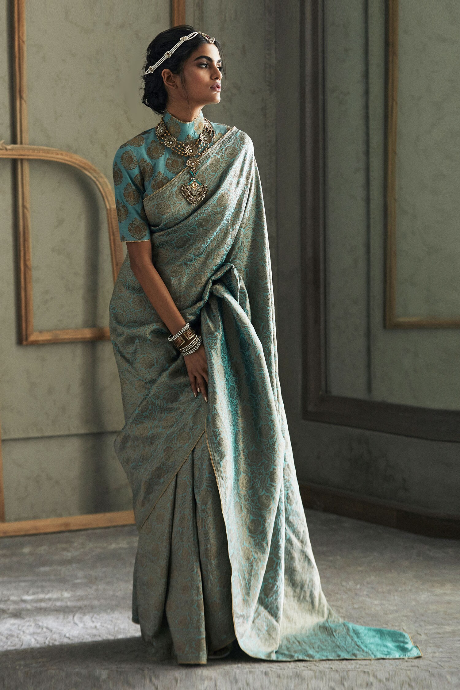 Buy Tarun Tahiliani Blue Brocade Saree With Blouse Online | Aza Fashions