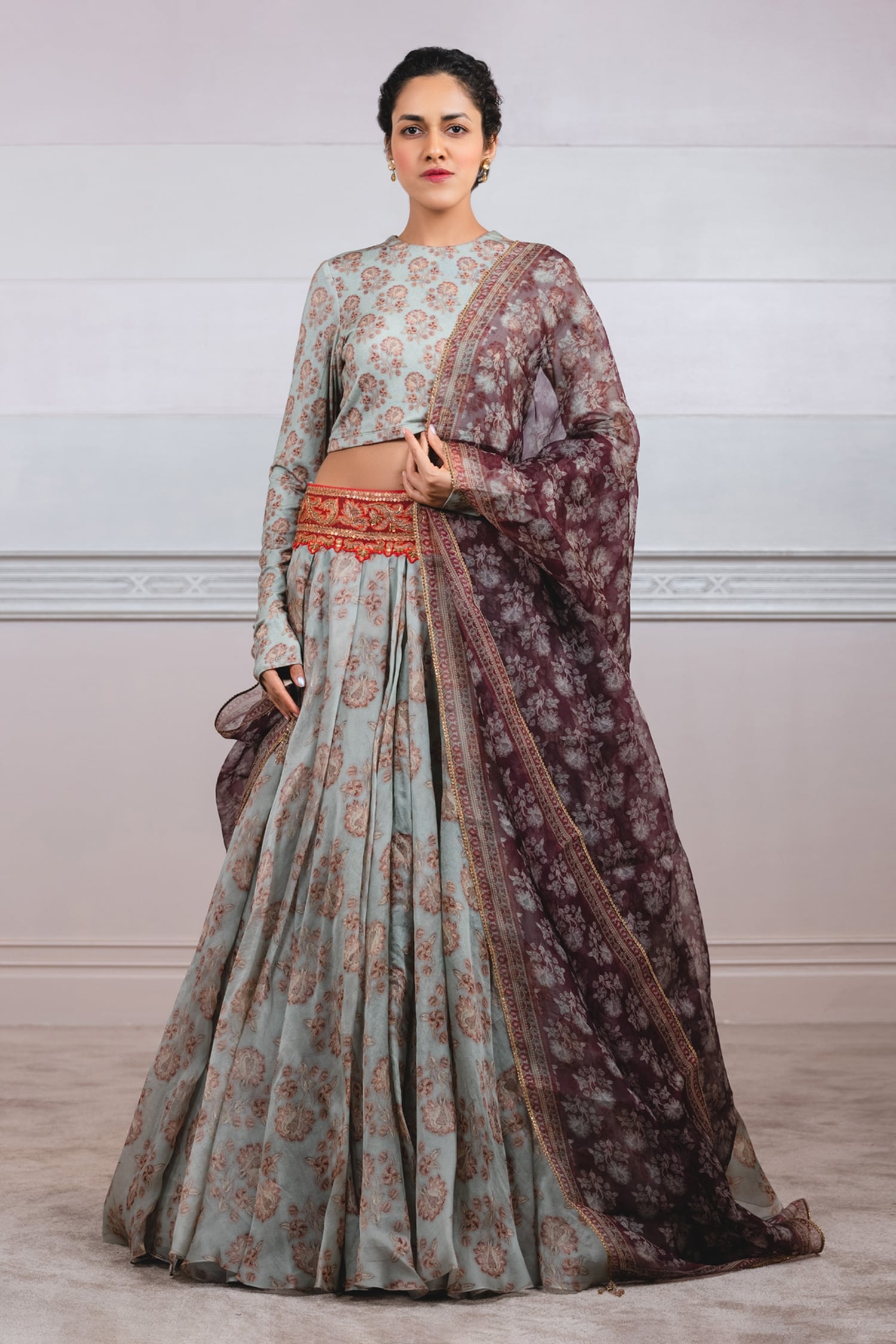 Buy Tarun Tahiliani Grey Jersey Floral Print Lehenga Set Online | Aza ...