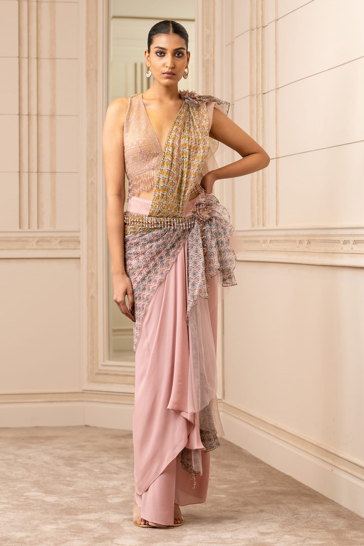 Tarun Tahiliani Pink Concept Saree: Georgette Printed Floral Cascade Draped Set For Women