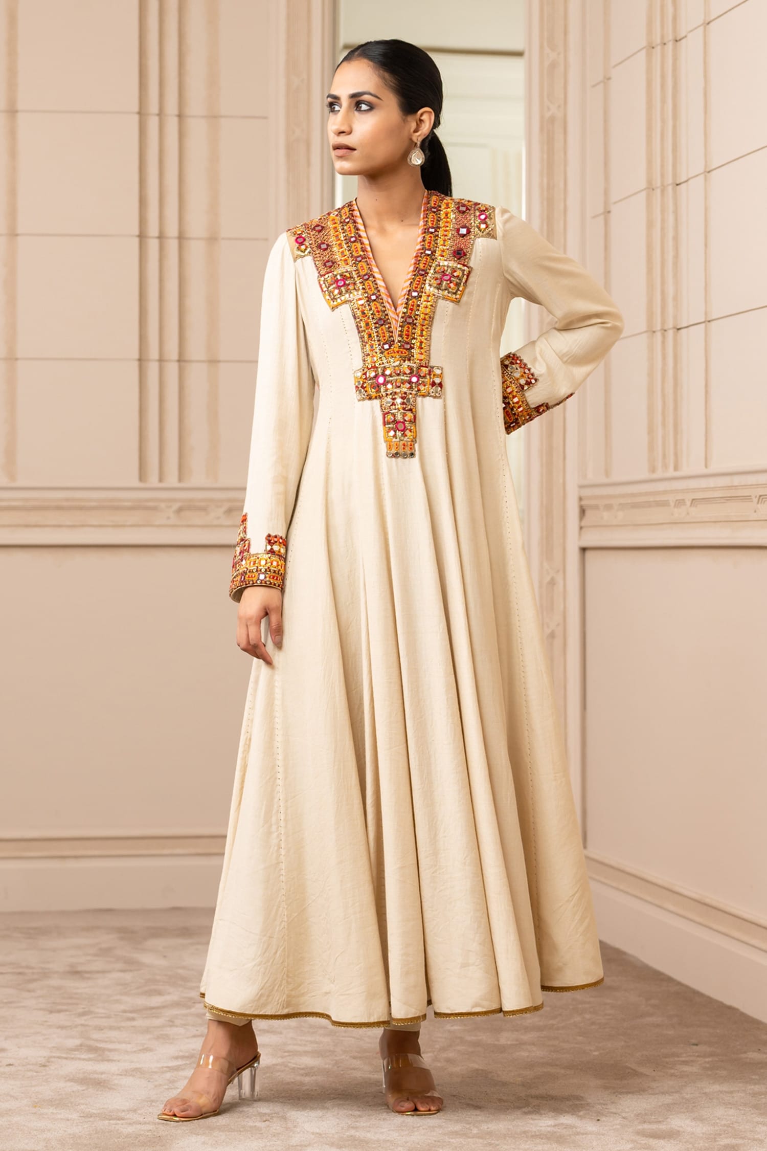 Buy White Kurta Mashru Silk Embroidered Thread Work V Neck Flared Set For  Women by Tarun Tahiliani Online at Aza Fashions.