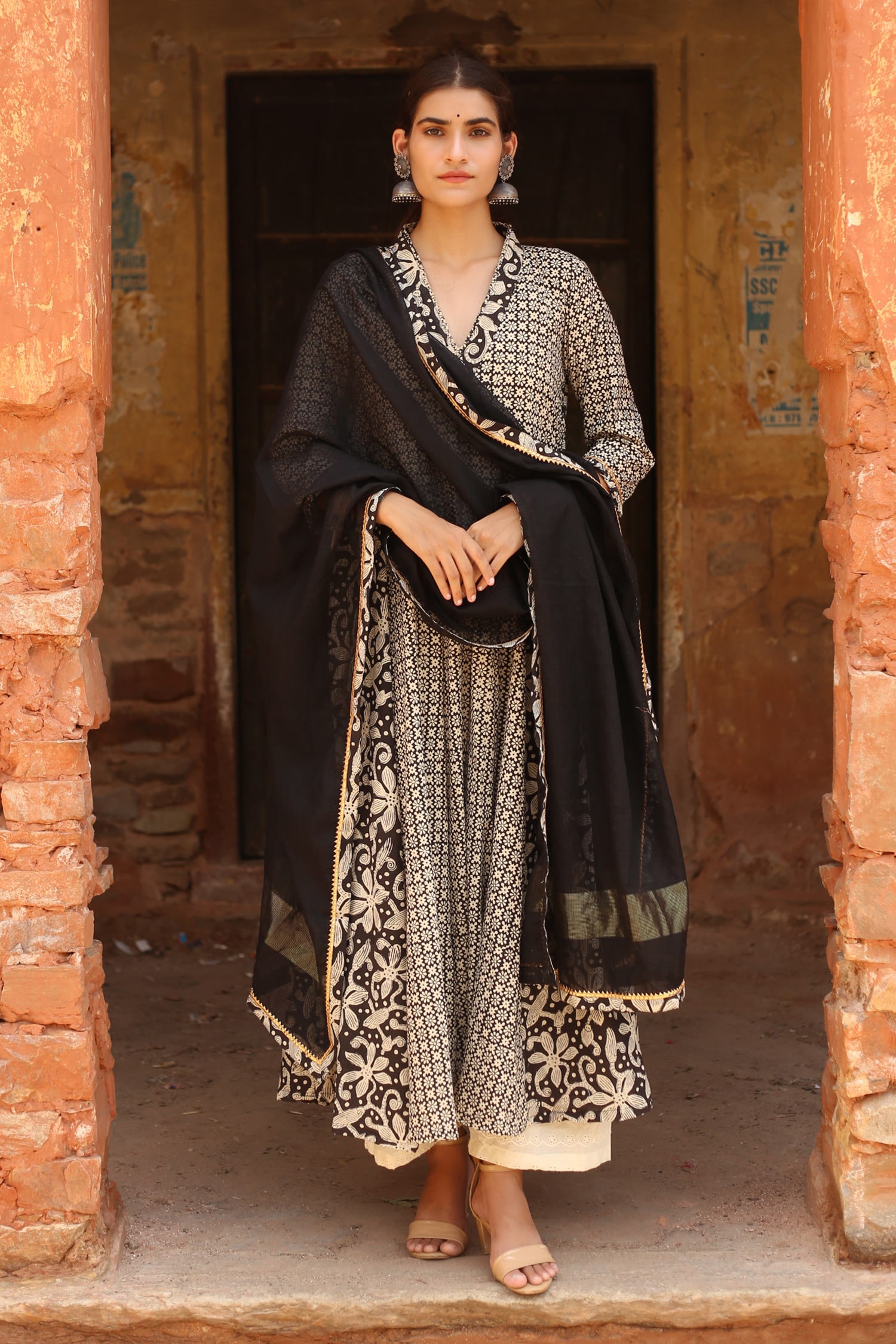 Gulabo Jaipur Black Cotton V Neck Printed Anarkali Set For Women