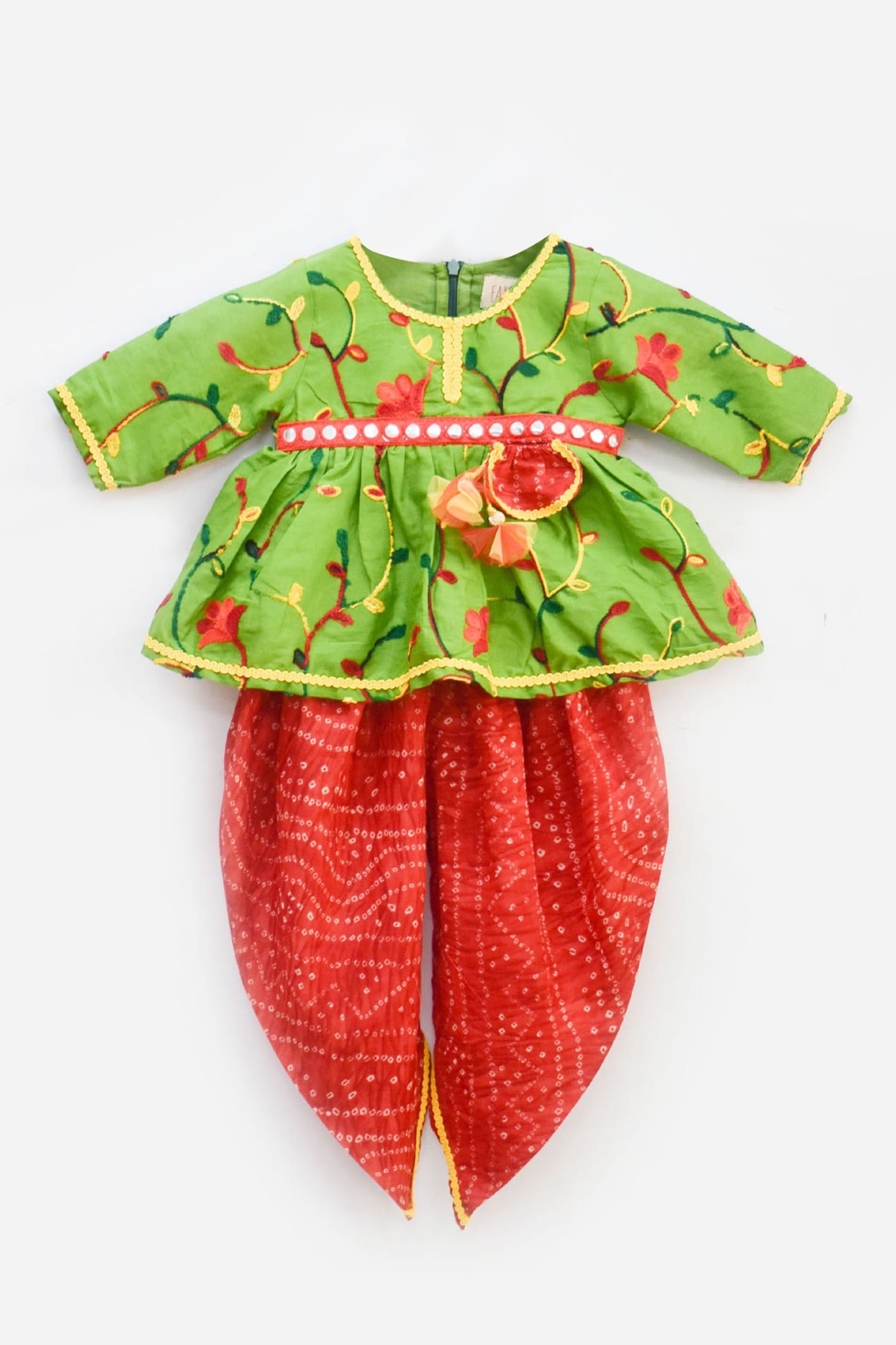 Parrot Green Traditional Embroidered Kedia Dhoti set for Girls - Halemons