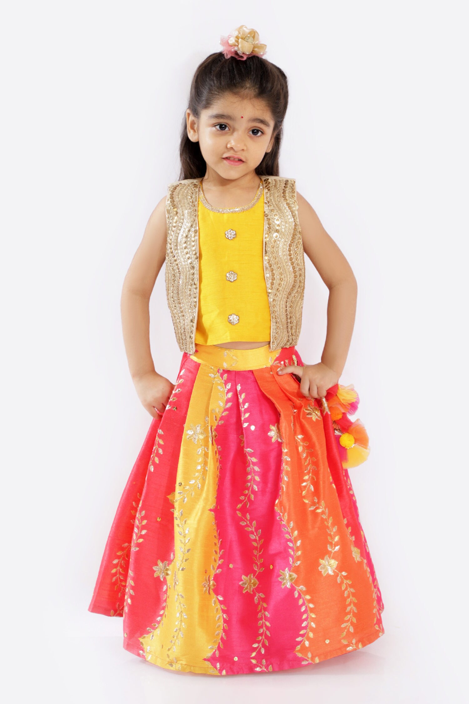 Buy Yellow Raw Silk Embroidered Jacket And Lehenga Set For Girls by ...