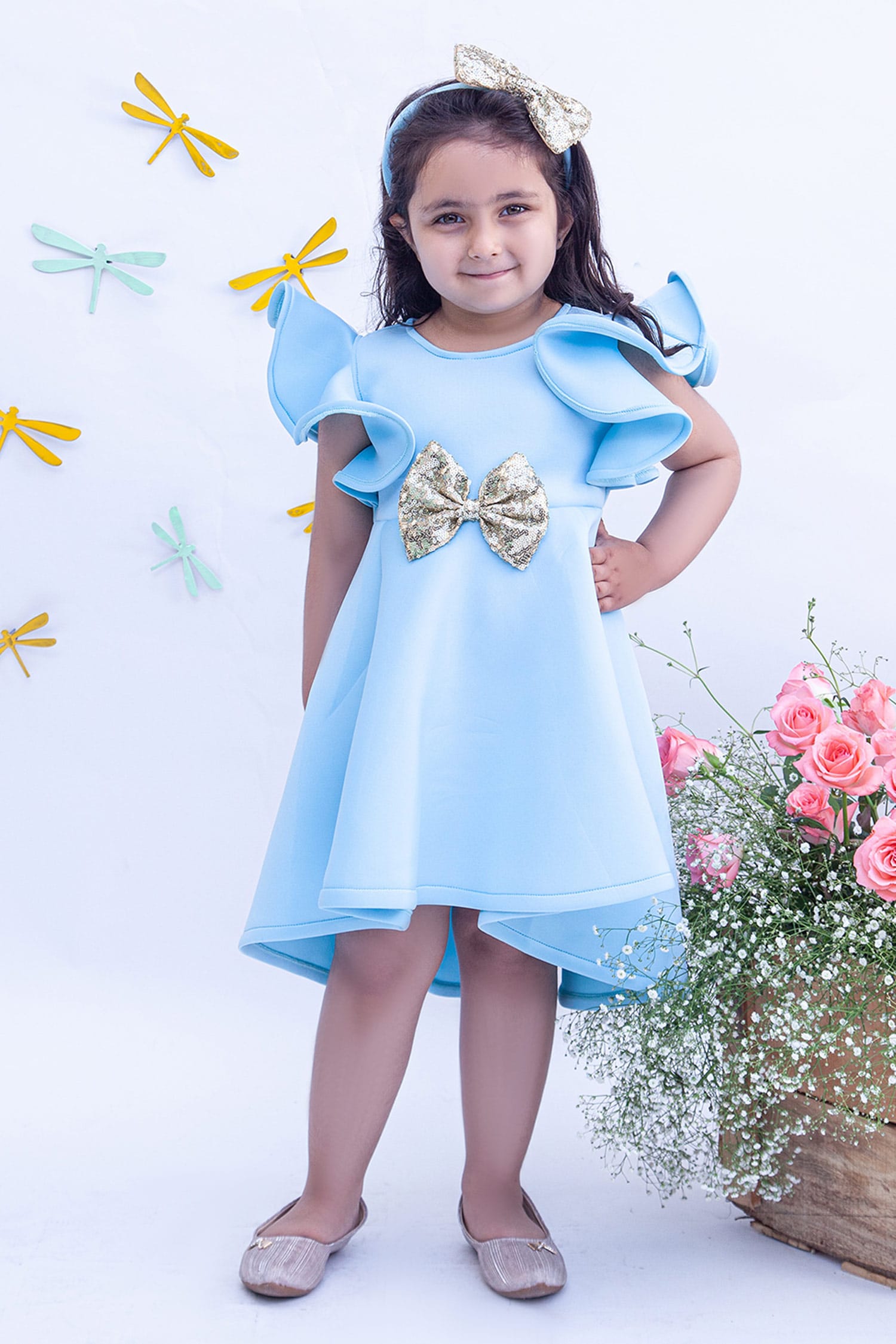 Buy Blue Lycra Ruffle Sleeve Dress For Girls by FAYON KIDS Online at ...