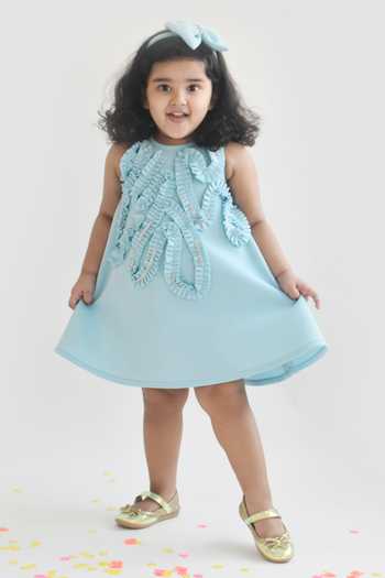 Buy Blue Lycra Plain Aline Frill Dress For Girls by FAYON KIDS Online at Aza Fashions.