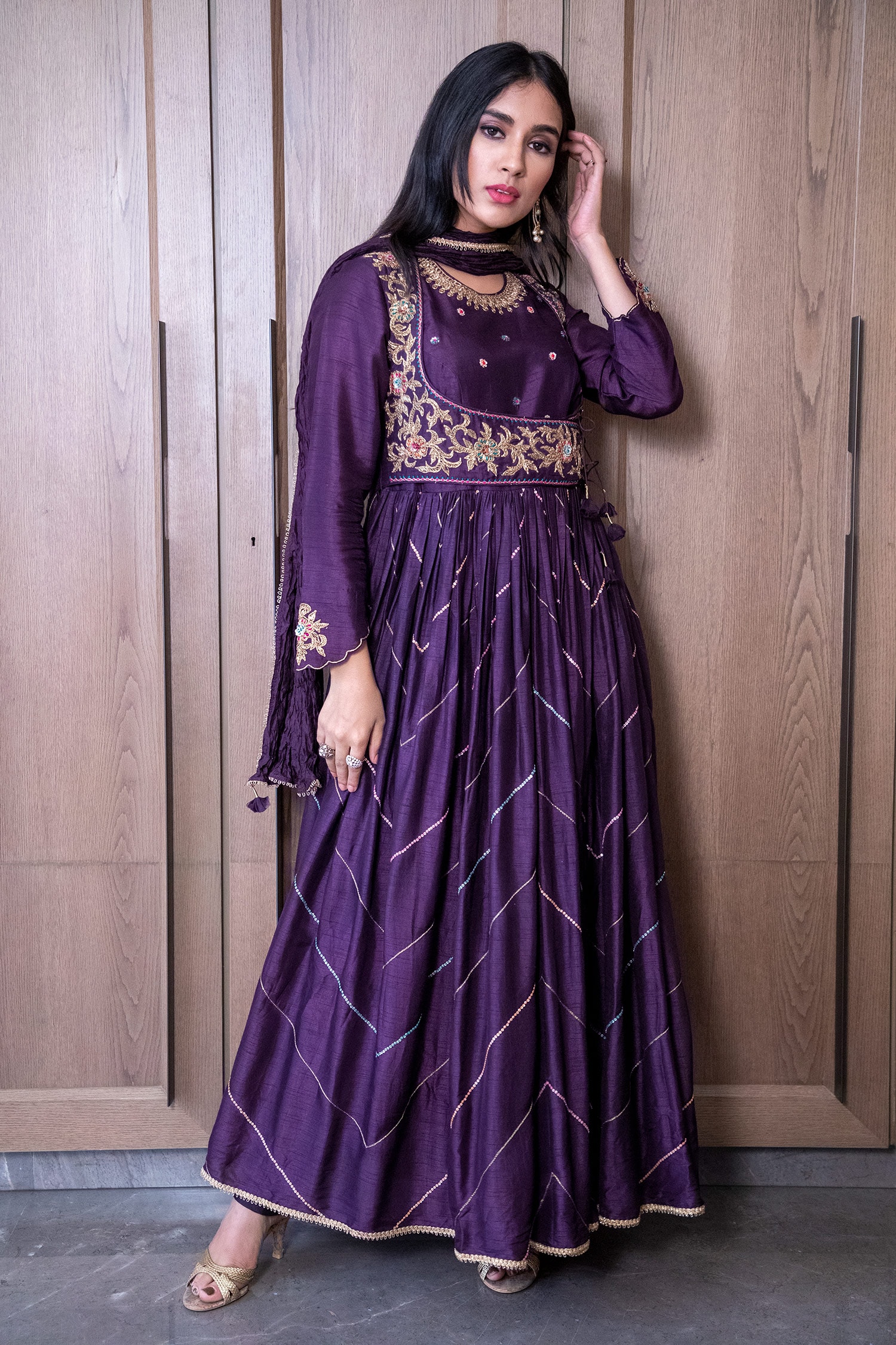 Niti Bothra Purple Dupion Embroidery Round Angarkha Set For Women