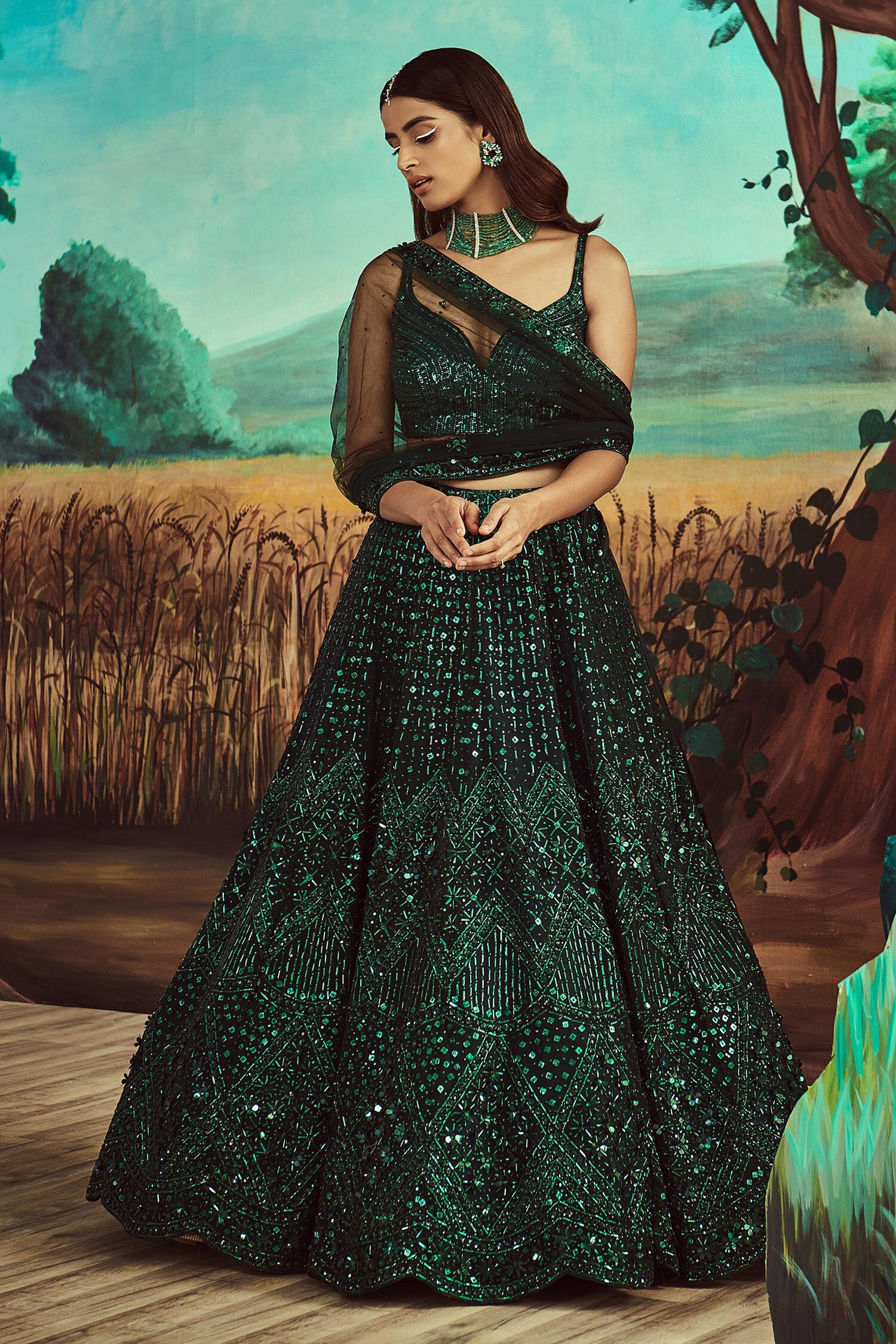 Angad Singh Emerald Green Lehenga And Blouse: Organza Hand Embroidered 3d Set For Women