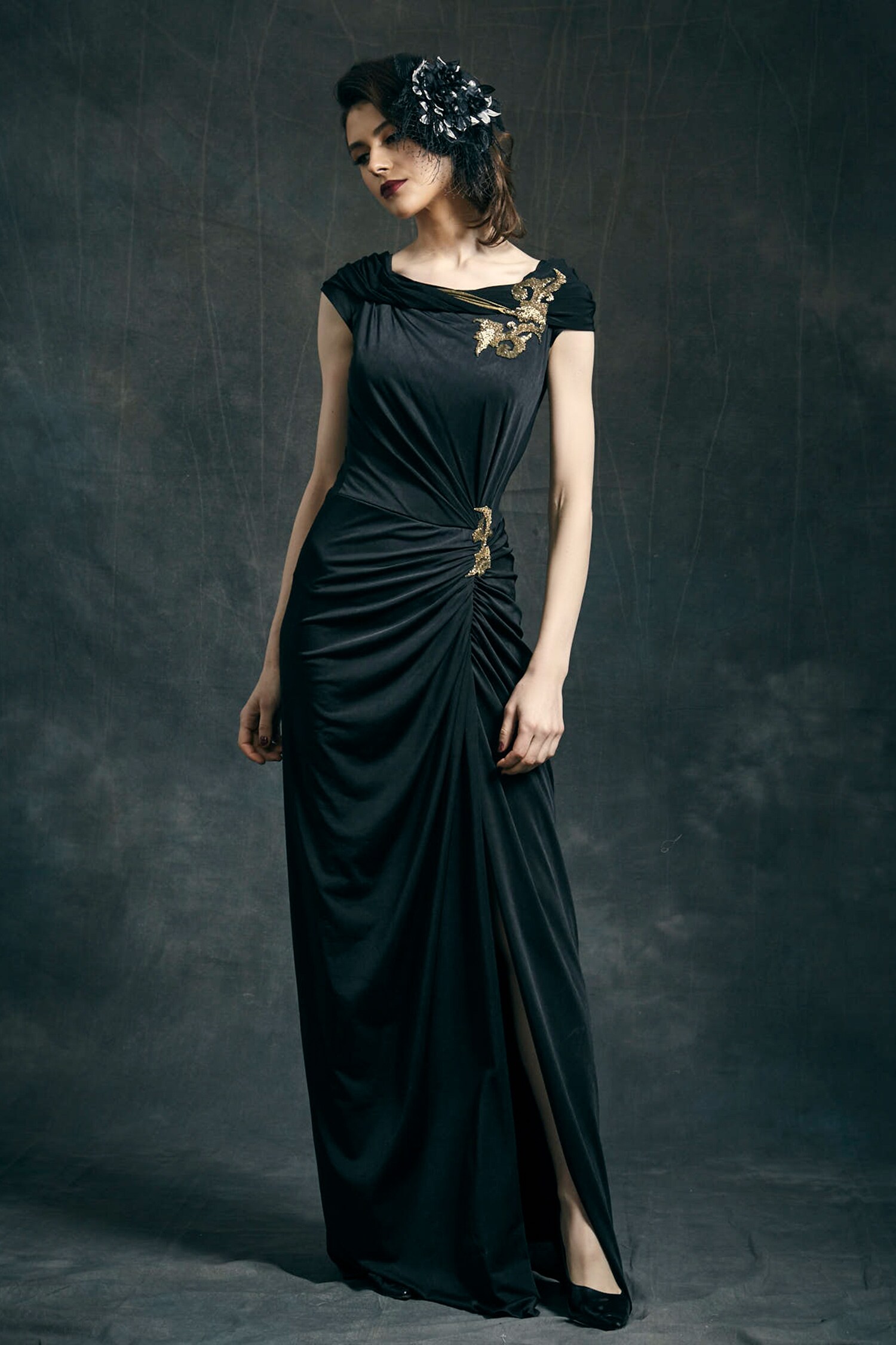 Mandira Wirk Black Bateau Draped Gown For Women